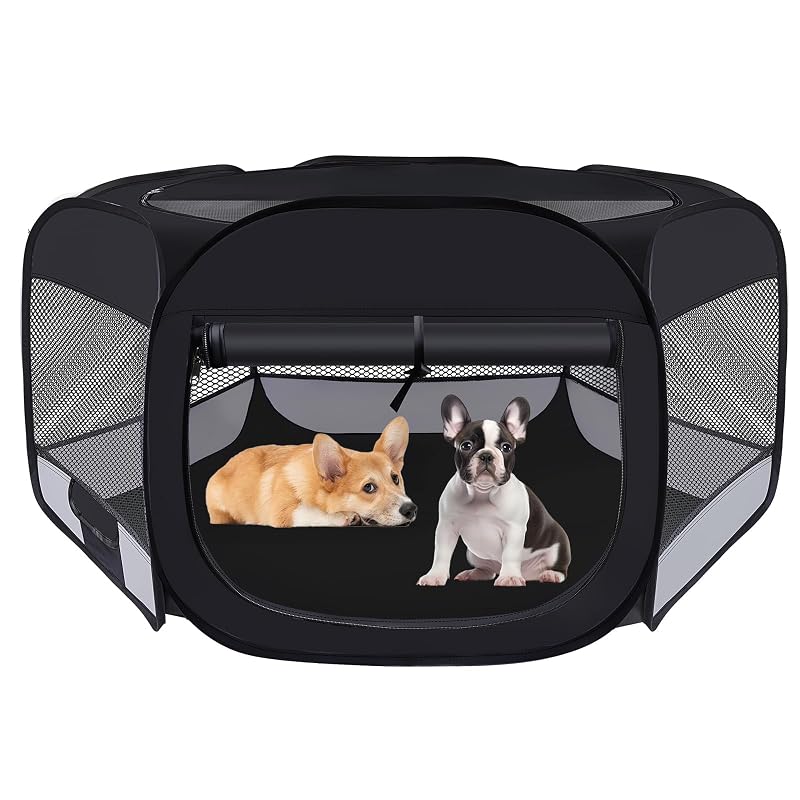 Cercadinho Dobrável para Cães e Gatos Wn's Day com Tela e Portas com Zíper Preto (Black), Tamanho S