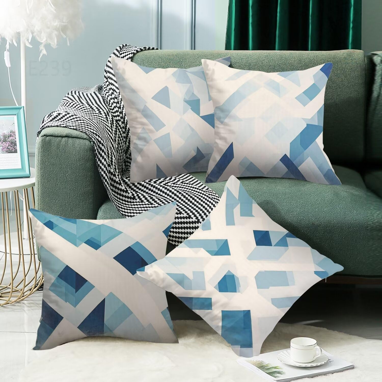 Azzurro Federe Cuscini Divano 50x50cm,4 Pack Moderno Estate Esterno Cuscini per Divano,Doppio Lato Quadrato Morbido Cuscini Divano,per Divano Soggiorno Sedia Autunno Dekoration Cuscino,Regali LY-239