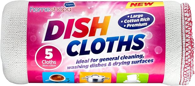 Homeshopa Large Dish Cleaning Cloth, 100% Cotton Super Absorbent White Kitchen Washing Up Dishcloth, Extra Soft & Thick Reusable Tea Towels Washcloths, 35 X 35cm, Pack of 5