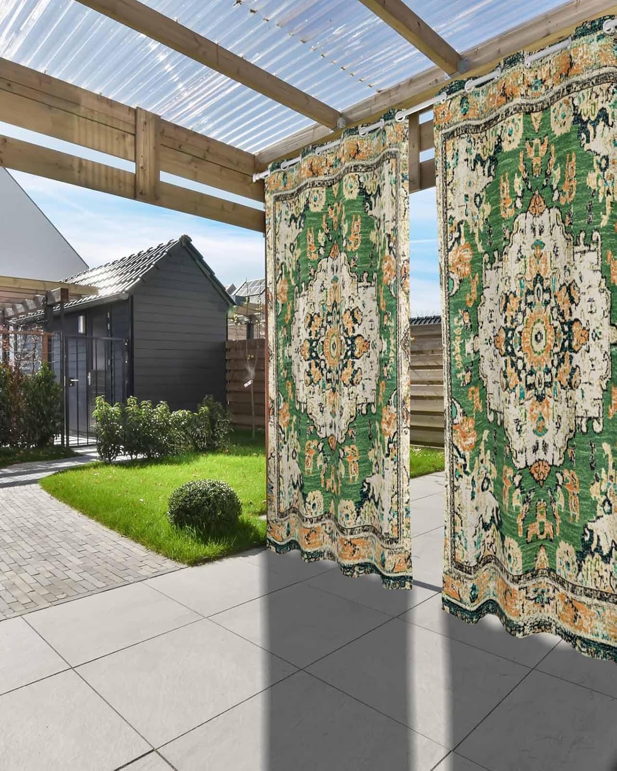 Ombre Green Boho Outdoor Curtains for Patio Waterproof, Grommet Privacy Curtain Drapes Weatherproof Outside Curtains for Porch GazeboPergola Cabana 2 Panel 54x95inch Vintage Ethnic Tribal Geometric