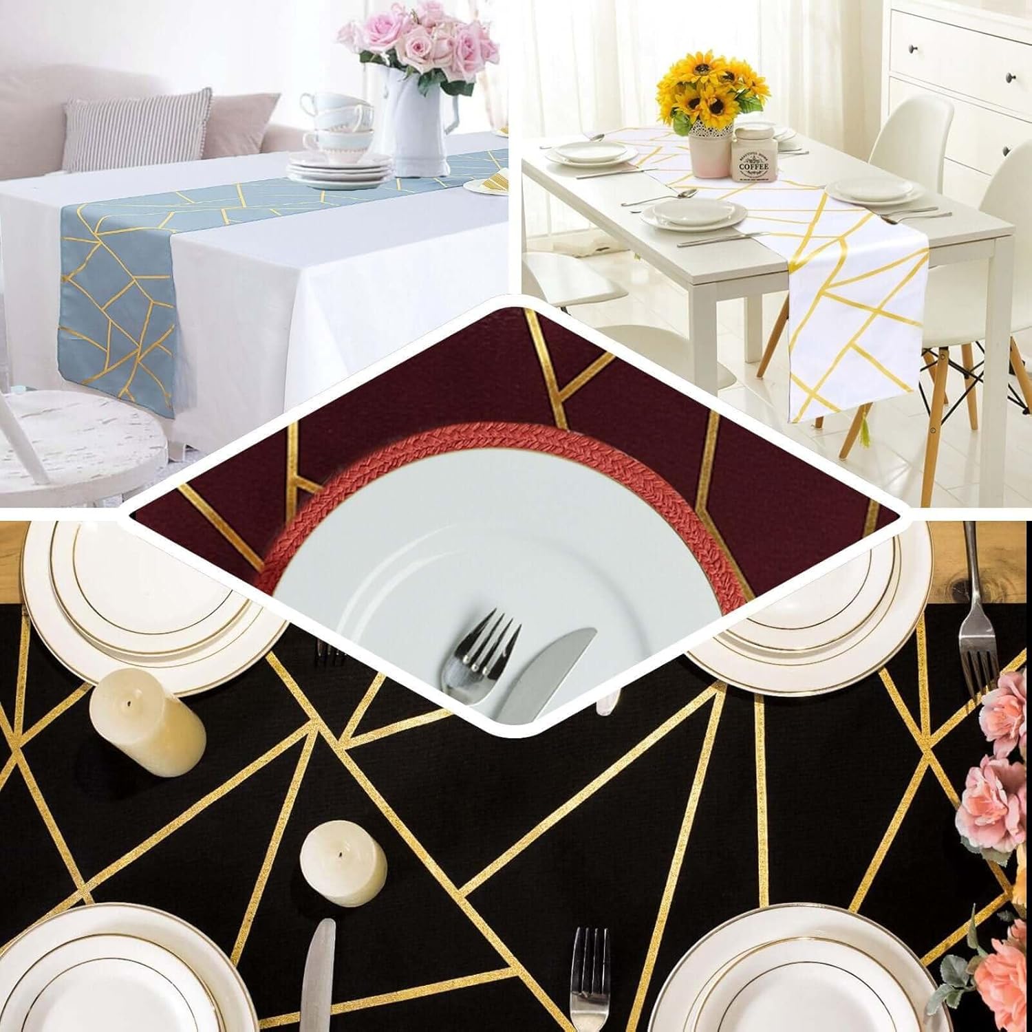 Efavormart Polyester Table Runner 9ft Hunter Emerald Green with Gold Foil Geometric Pattern