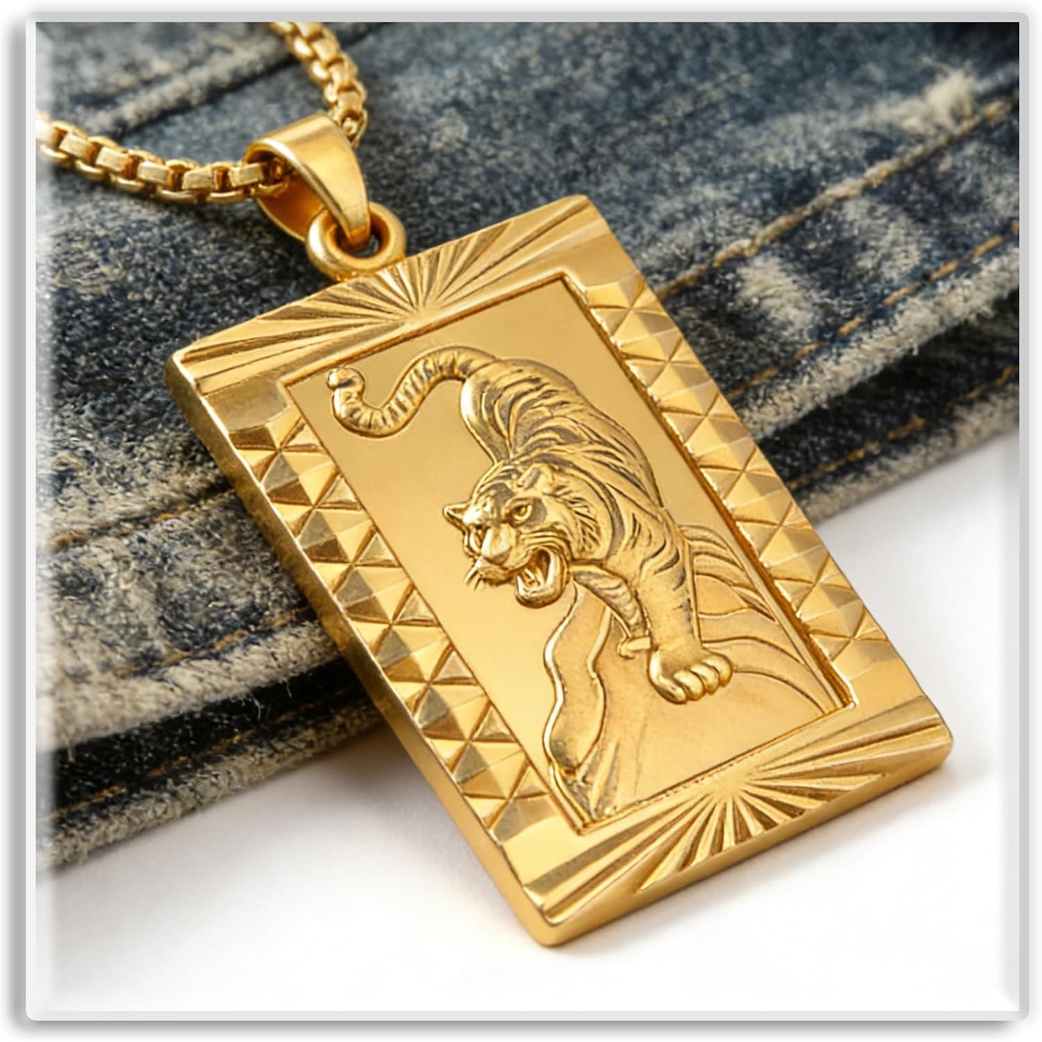 Xusamss Punk Jewelry Plated 18K Gold Tiger Dog Tag Pendant Necklace,22inches Box Chain