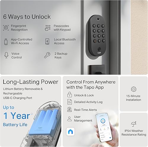 Miniatura 2 de Tapo Cerradura de puerta inteligente Wi-Fi, reconocimiento de huellas dactilares, botones táctiles sin llave y monitoreo en la aplicación, bloqueo