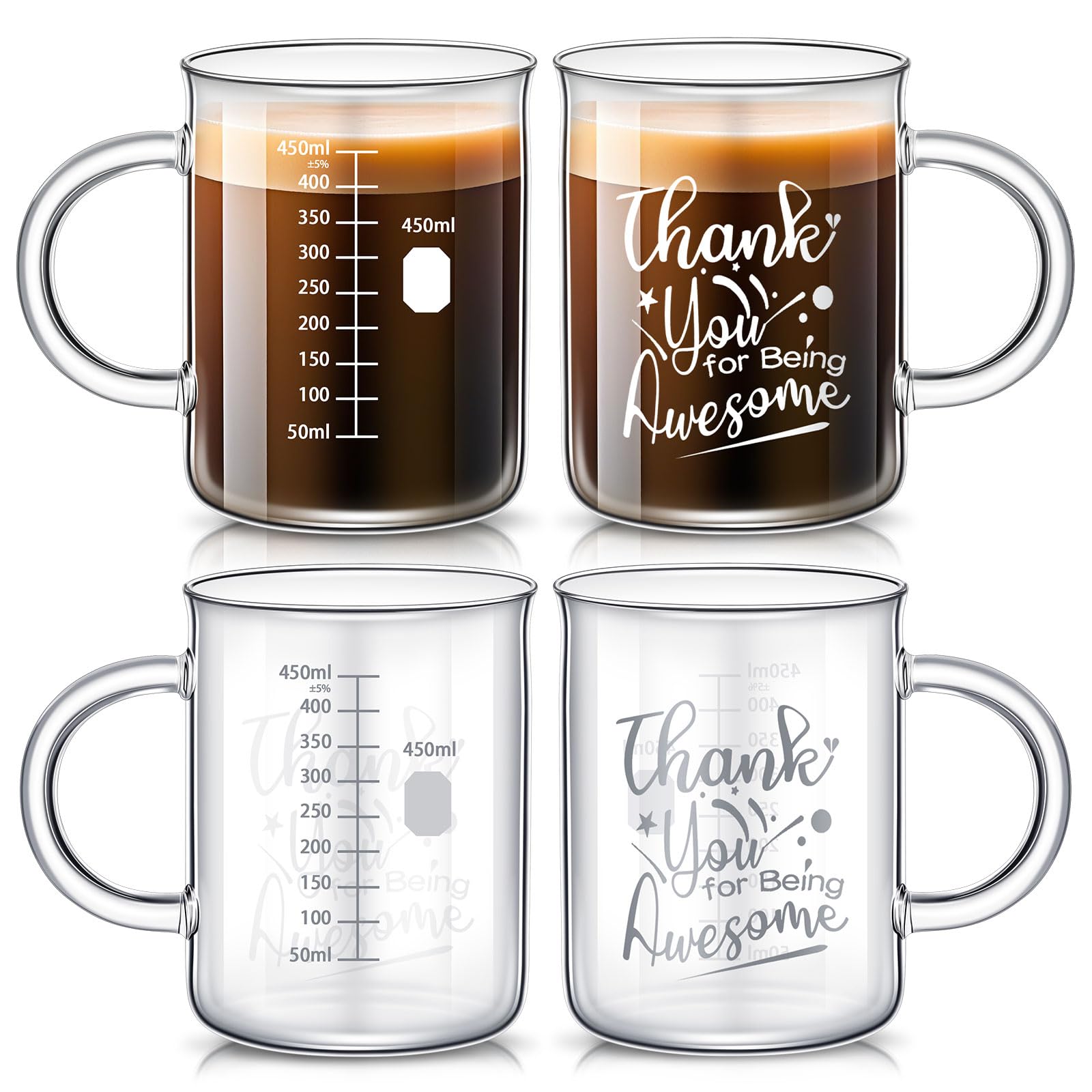 Hsei Lot de 4 gobelets gradués en verre borosilicate avec poignée « Thank You for Being Awesome », pour café, latte, thé, boisson, 450 ml