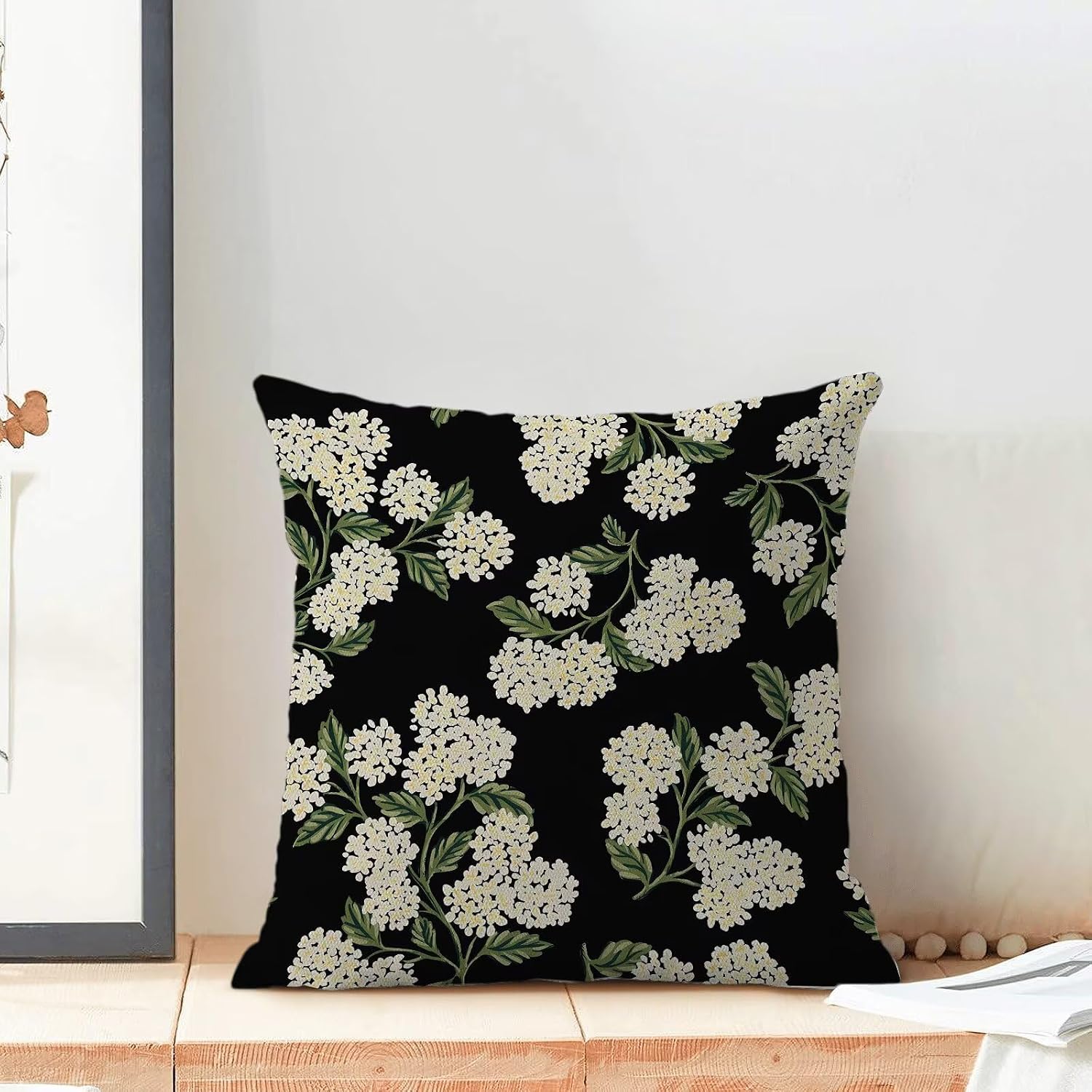 Spring Hydrangea Flowers Pillow Covers 18x18 Inch Set of 2, Black Retro Floral Pattern Outdoor Decorative Throw Pillowcase Nature Floral Cushion Cover for Sofa Couch Living Room Bed Decor image 3