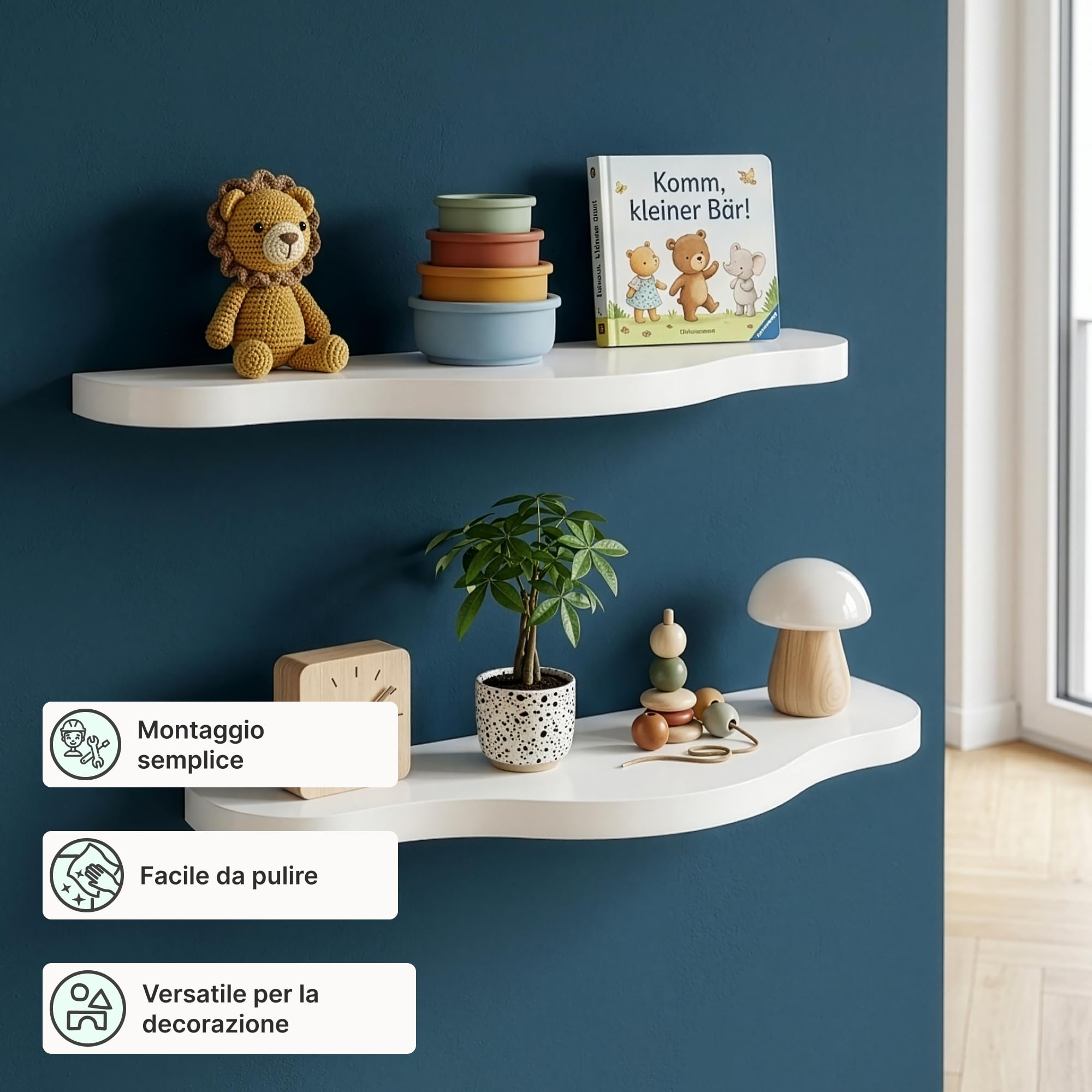 [en.casa] Set di 2 Mensole da Parete per Bambini Ripiani Decorativi Portaoggetti Sospesi a Muro per Libri Giocattoli Decorazioni Cameretta Soggiorno Corridoio 57 x 19 x 3 cm - Bianco
