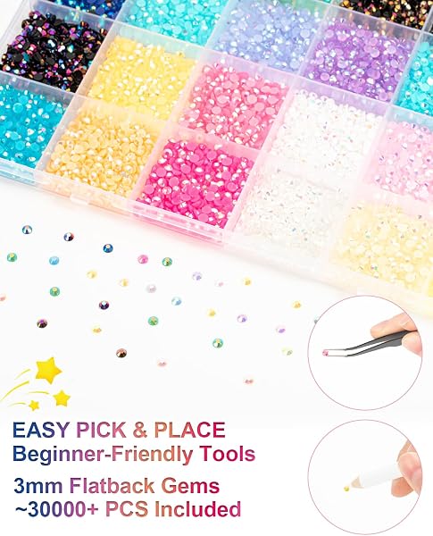 Vinuwu 24 Couleurs Strass, 30000+Pcs 3mm Flatback Bedazzling Kit avec Pince et Stylo, AB Strass a Coller DIY pour Ongles Deco Nail Art Vêtements Chaussures (Colle requise, non incluse) - 4