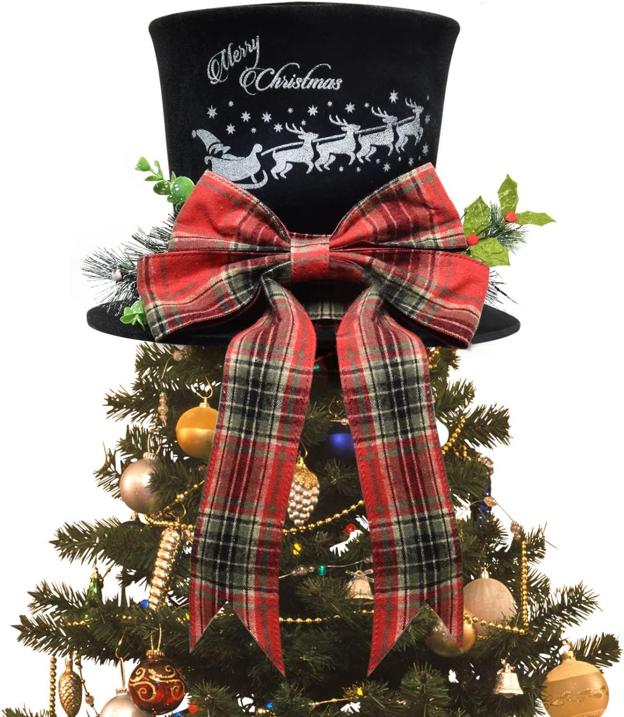 YoleShy Rustic Christmas Tree Topper Hat with Plaid Bow Folding Top Hat Tree Topper Velvet Xmas Desktop Ornaments Farmhouse Christmas Tree Decoration, Black