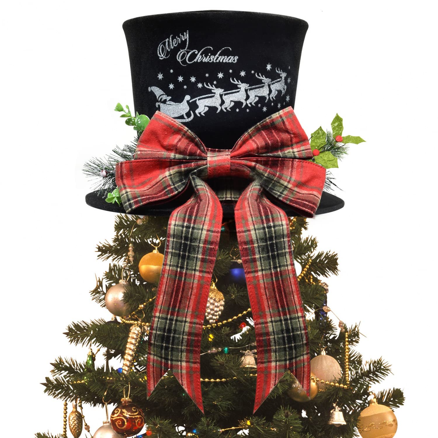 YoleShy Rustic Christmas Tree Topper Hat with Plaid Bow Folding Top Hat Tree Topper Velvet Xmas Desktop Ornaments Farmhouse Christmas Tree Decoration, Black
