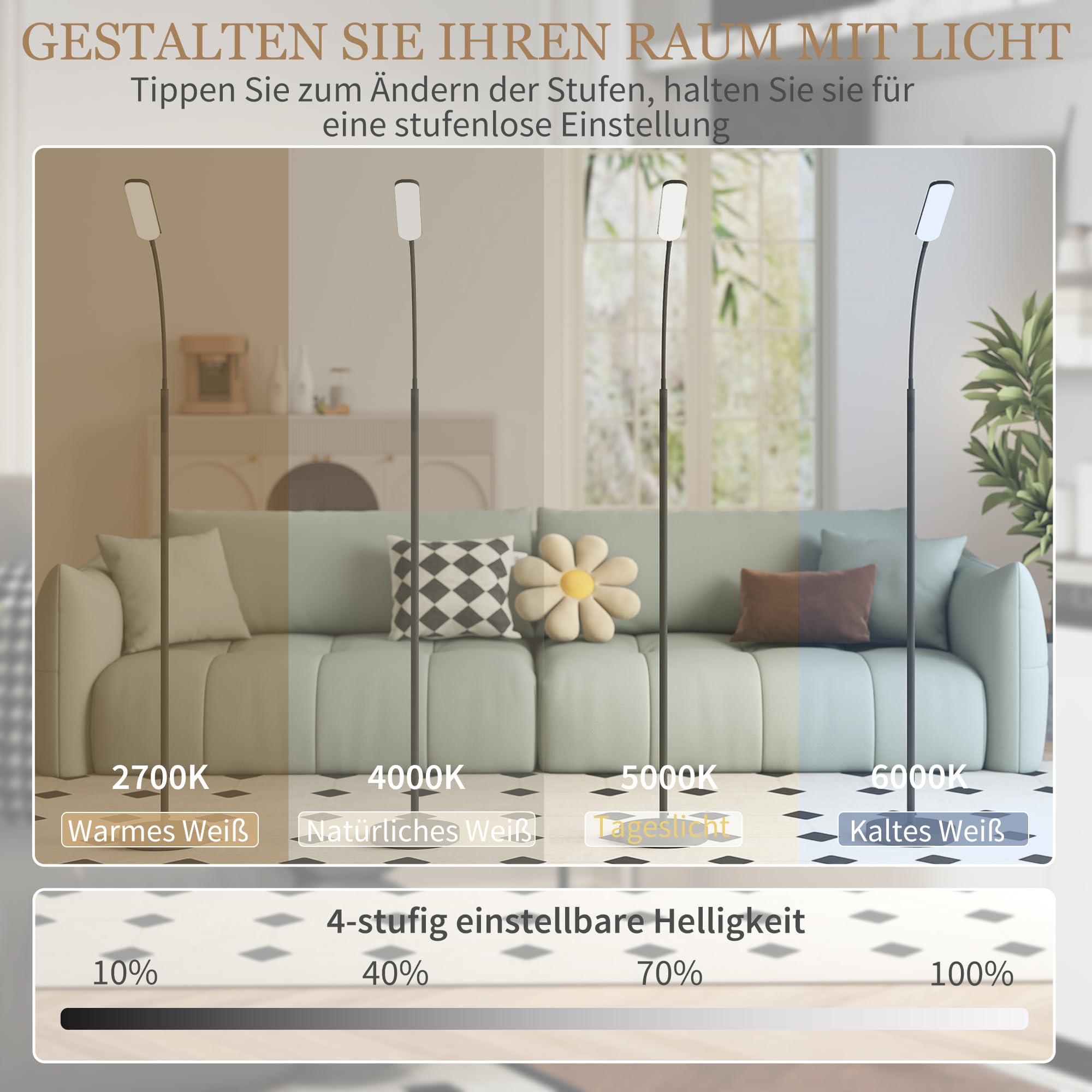 HOMCOM LED Floor Lamp, Standing Lamp with Remote & Touch Control, Stepless Dimmable Colours Temperature & Brightness, 360° Adjustable Gooseneck, 1 Hour Timer, Memory Function for Living Room, Black