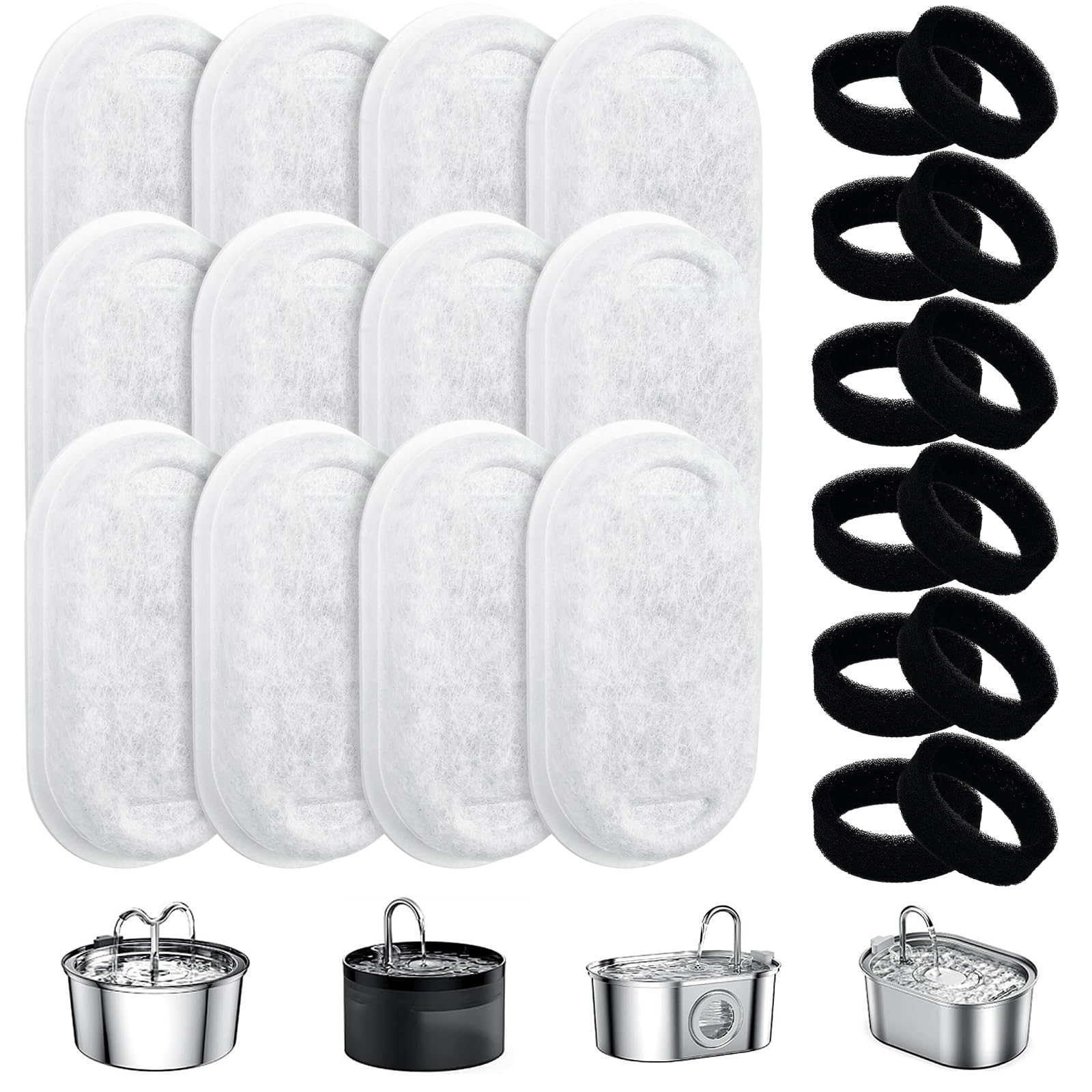 Tekenewbse Filtros de Fuente para Gatos, 12 Filtros de Carbón y 12 Filtro de Espuma Filtro de Repuesto, Filtros Fuente con Carbón Activo Triple Filtración para 2L/3,2L/4L Fuentes