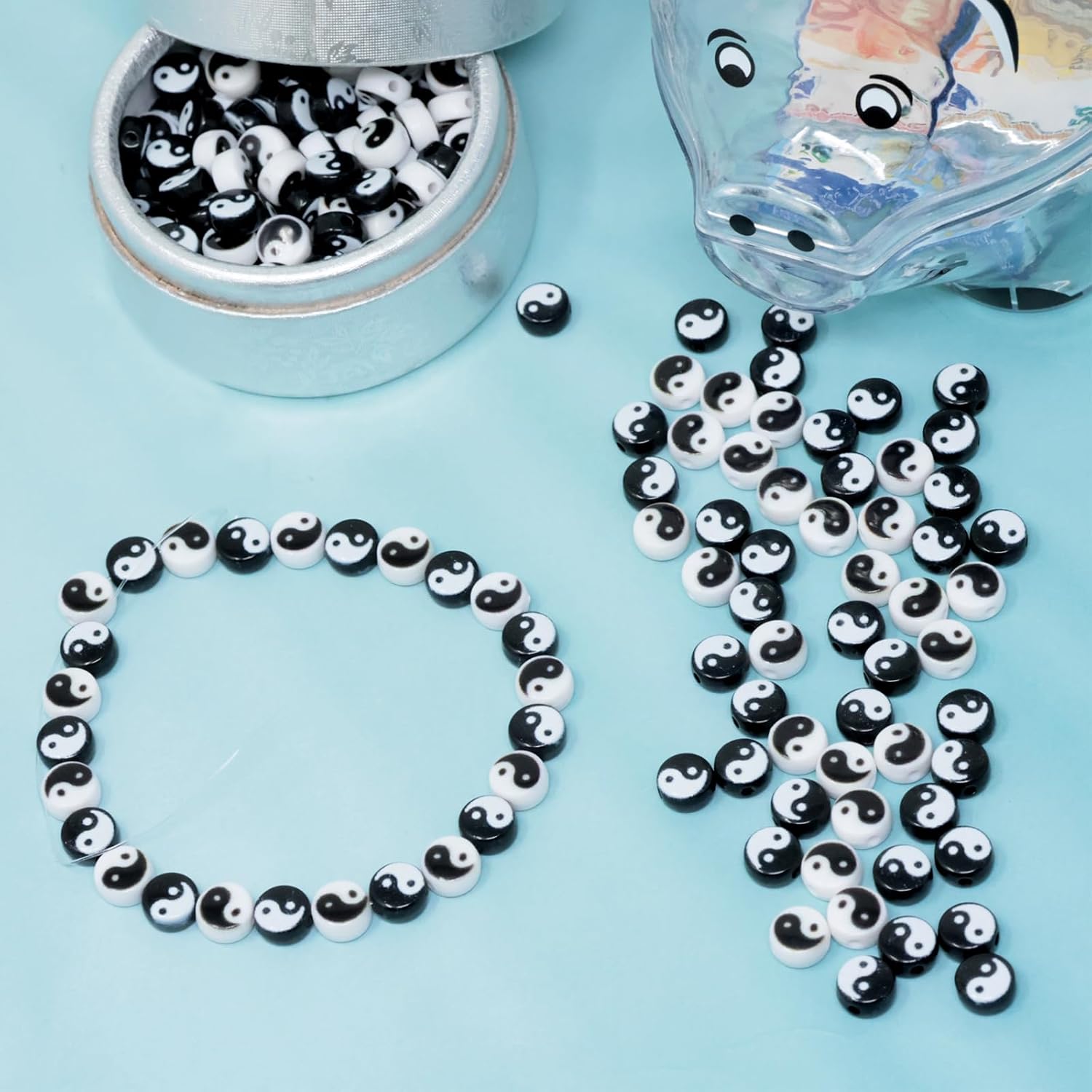 Honbay 200PCS 7mm Acrylic Double Sided Gossip Pattern Loose Beads Flat Round Yin Yang Taoism Tai Chi Spacer Beads Yoga Meditation Beads for Earrings Necklace Bracelet Jewelry Making and DIY Crafts image 3