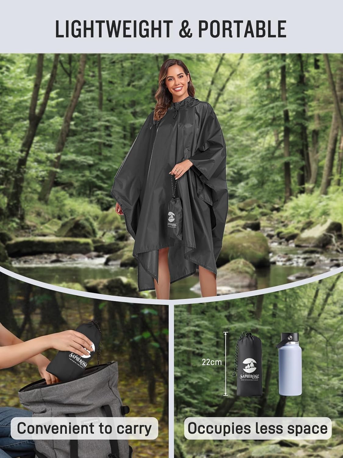 SaphiRose Hooded Rain Poncho Waterproof Raincoat Jacket for Men Women Adults - Image 2