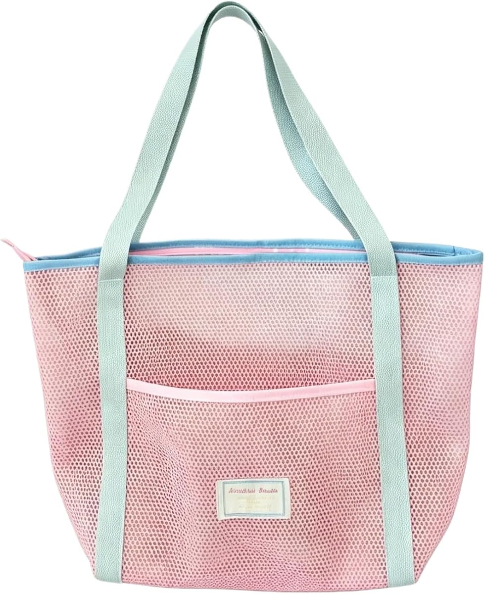 Women large capacity beach mesh bag Pool shoulder bag Travel zipper tote bag Suitable for seabeach vacation