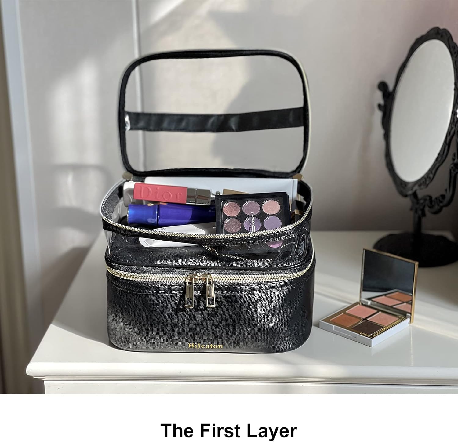Makeup Bag, Travel Cosmetic Bag, Large Make Up Case, Makeup Organizer, Waterproof Portable Double Layer Bag For Women Girls, Multifunction with Adjustable Dividers (BLACK, CLEAR) : Beauty & Personal Care
