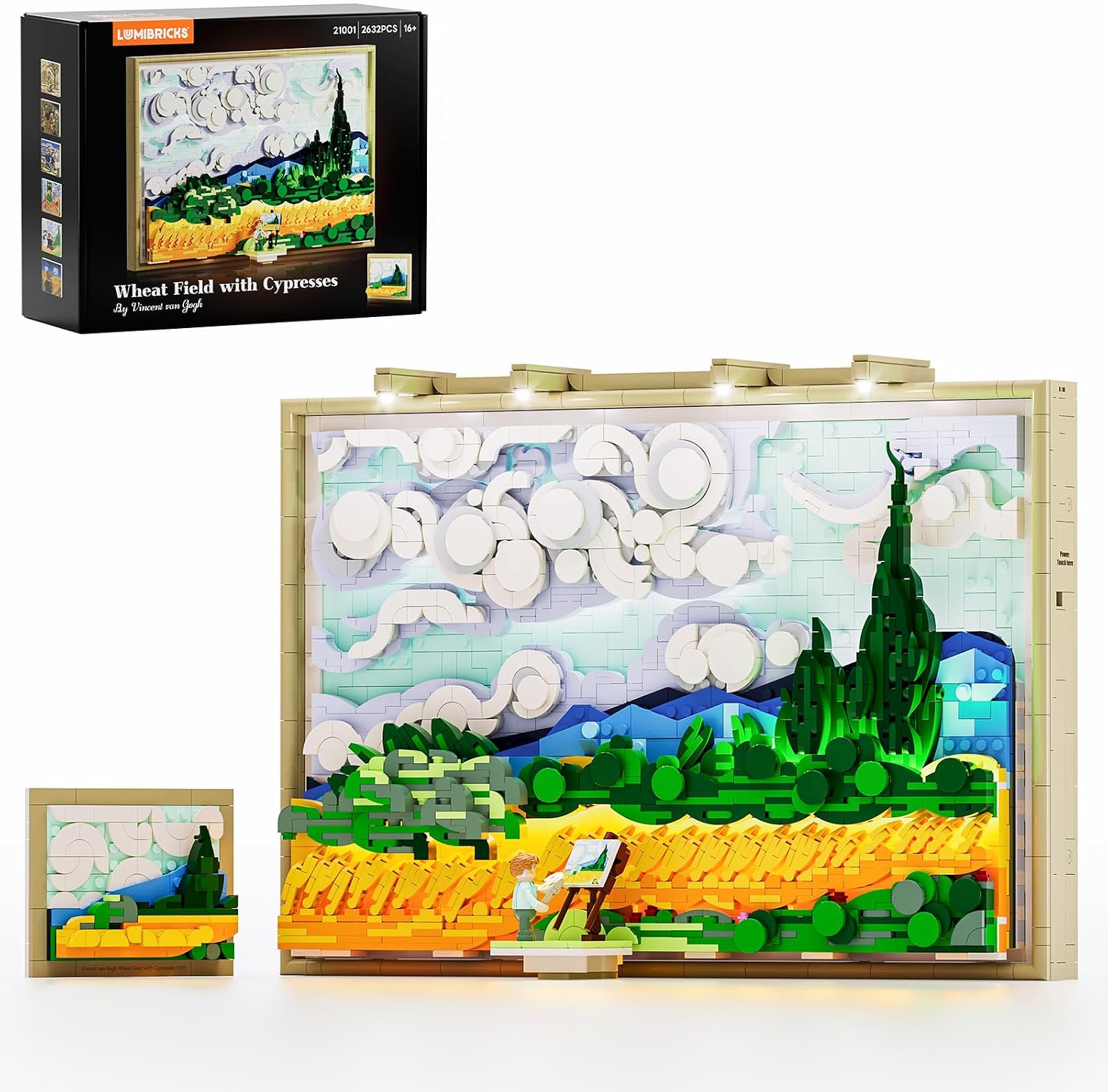 Lumibricks Weizenfeld mit Zypressen Klemmbausteine mit Licht,3D Wandkunst im Rahmen oder Schreibtisch Deko, Geschenk für Kunstliebhaber,Kreative Aktivität für Männer und Frauen,21001,2632PCS