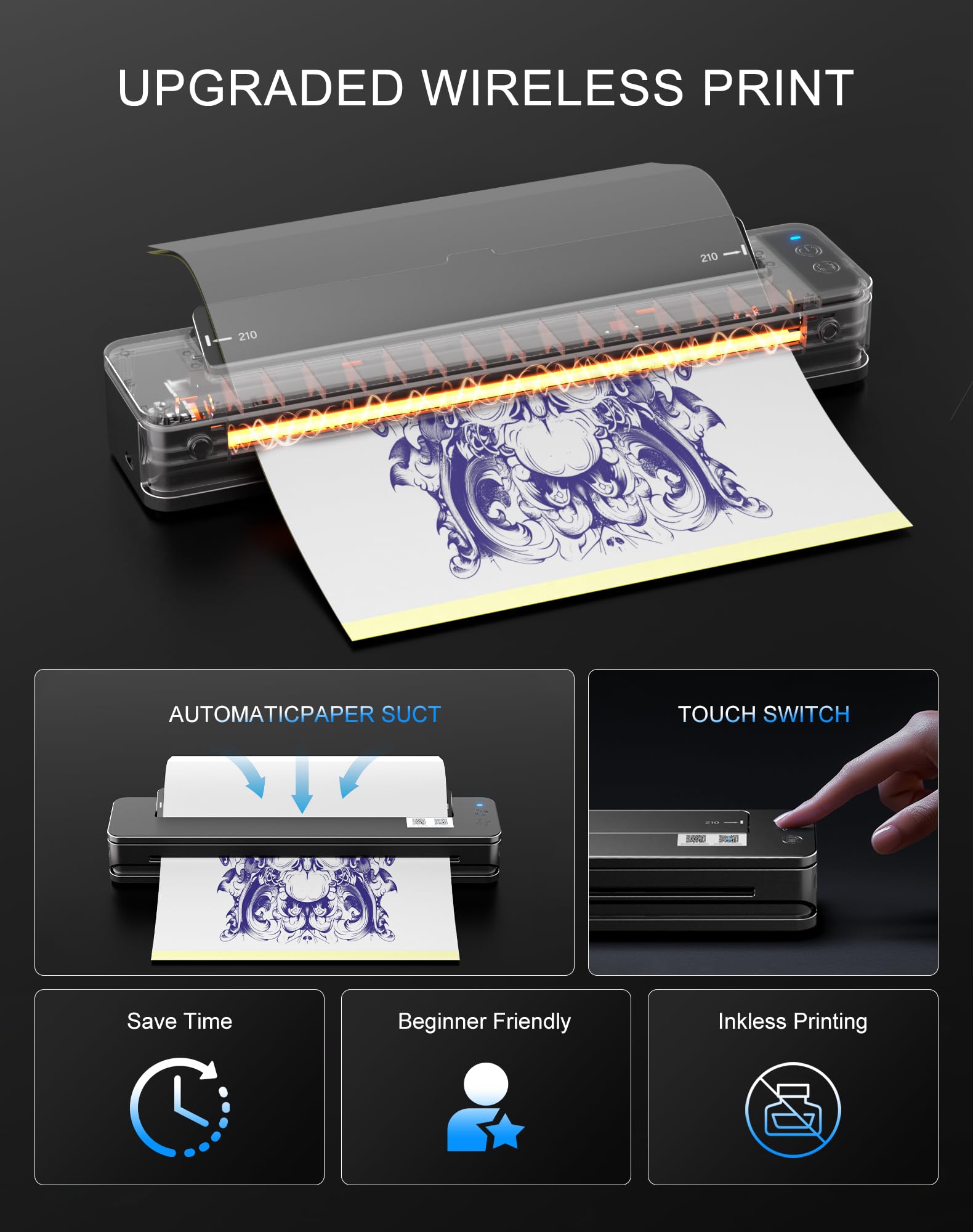 RHEIN Bluetooth Drucker Tragbar 2500mAh Akku Maschine Professionell Transfer Printer mit 10PCS A4 Transferpapier Kompatibel zu Android und iOS T106Z-EU