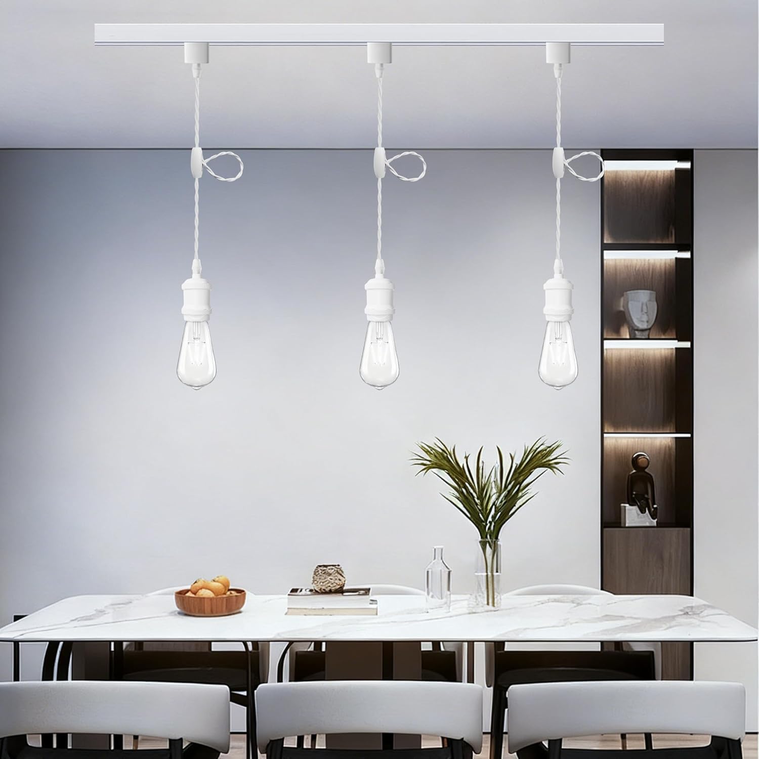 Universal H-Type Modern Pendant Track Lights Kit with 3 Bulbs,3-Pack White Track-Mounted Hanging Fixtures 4000K Natural Light Bulbs, E26 Socket for Kitchen Island and Dining Room