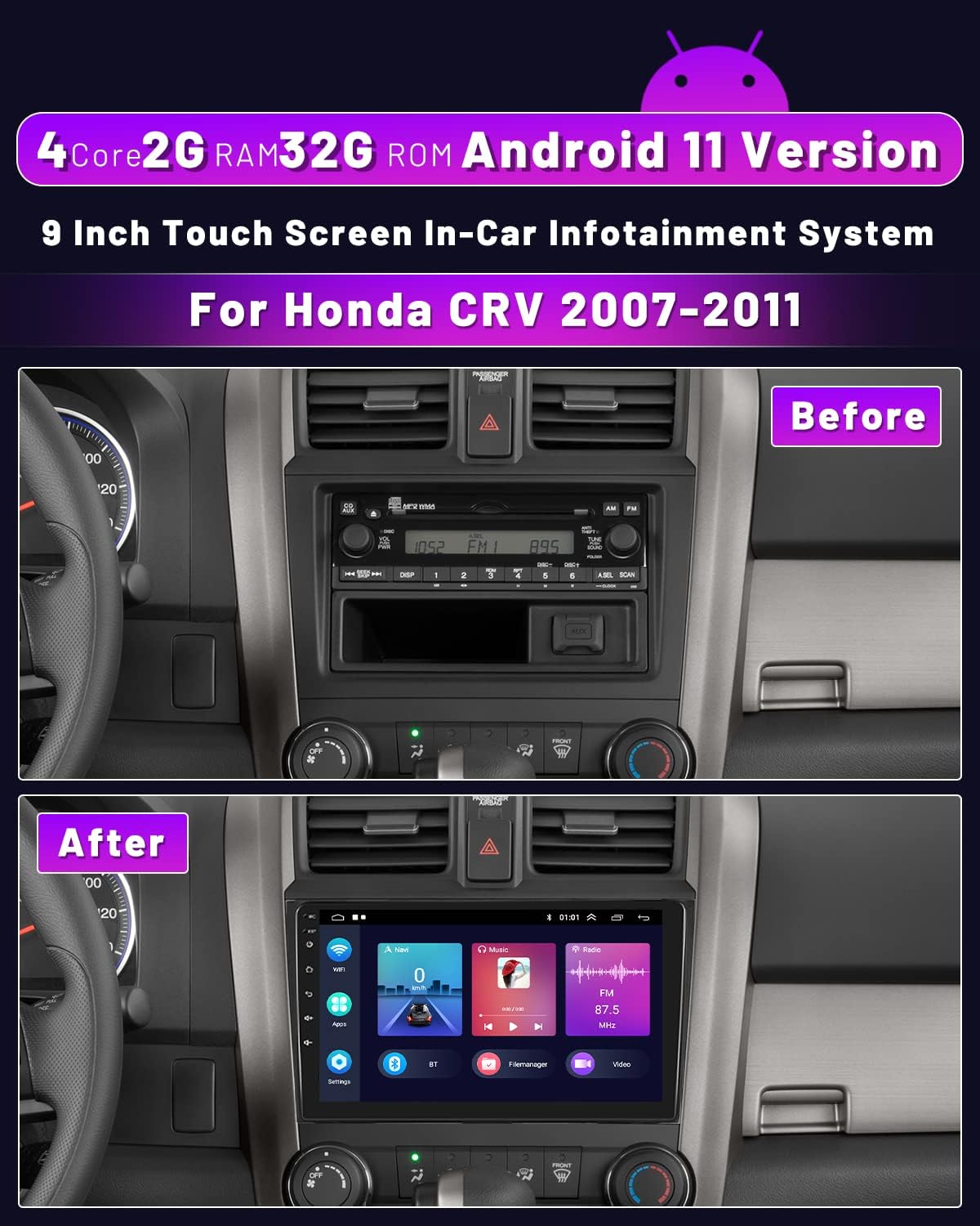 2g ram 32g rom for honda crv 2007 2011 radio android 11 car stereo with wireless apple carplay android auto hikity 9 inch touch screen with bluetooth