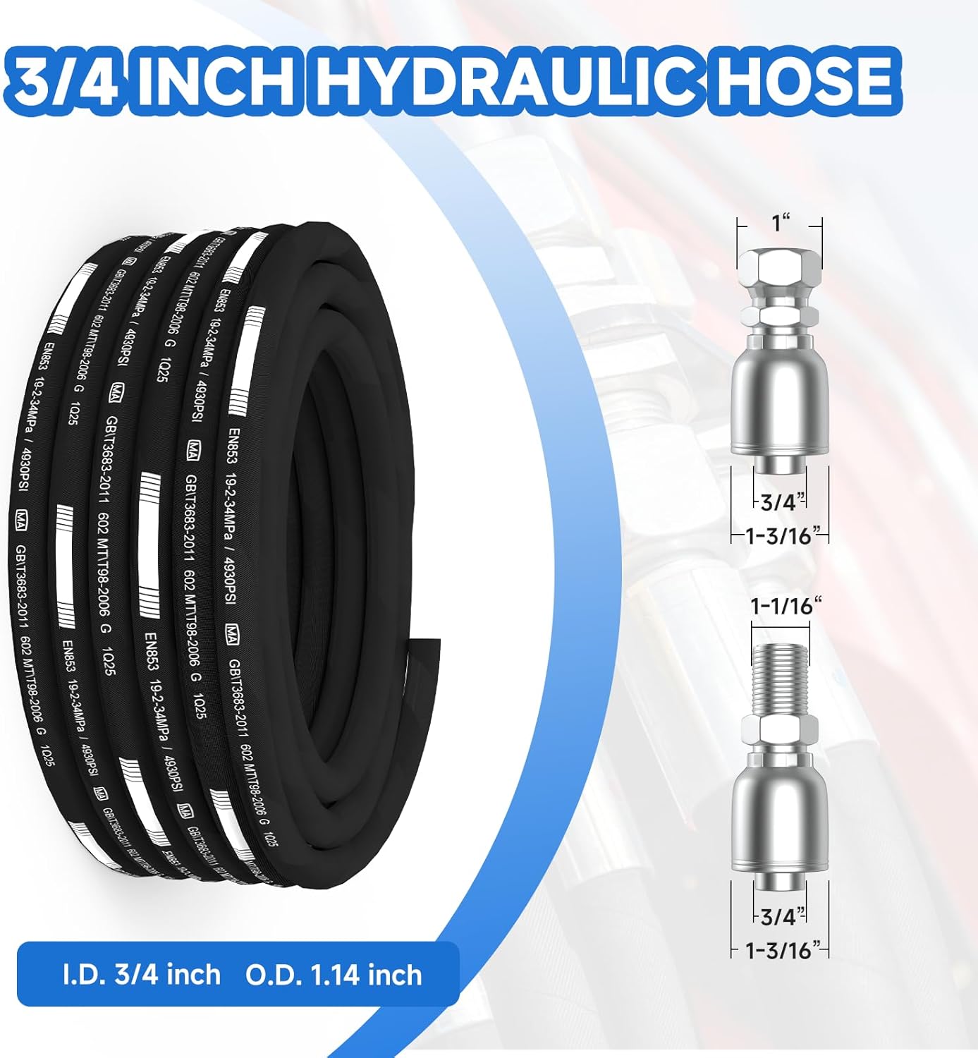 50 Ft 2-Wire 3/4 Inch Hydraulic Hose with 10 JIC 37° + 10 NPTF Fittings) - 4930 PSI, 4-Layer Steel Braided, -22°F to 248°F Temp Range, Heavy-Duty Industrial Grade