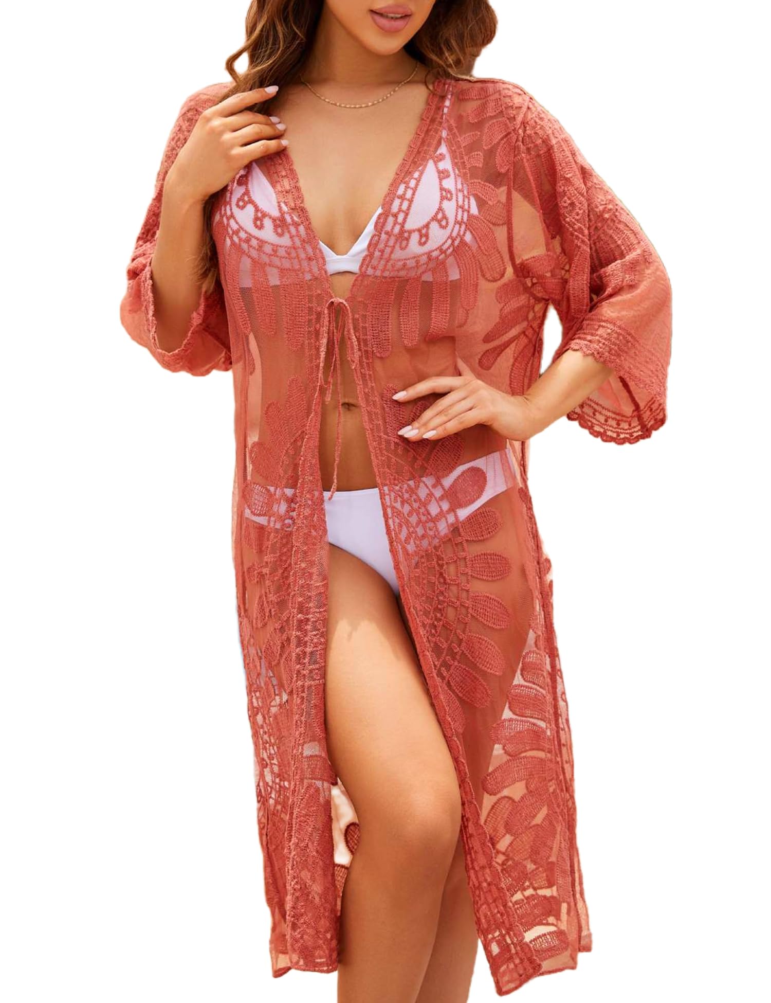 APRROOT Copricostume da bagno da donna con maniche a 3/4, in pizzo, kimono e cardigan, trasparente, lungo, floreale, estivo, da spiaggia