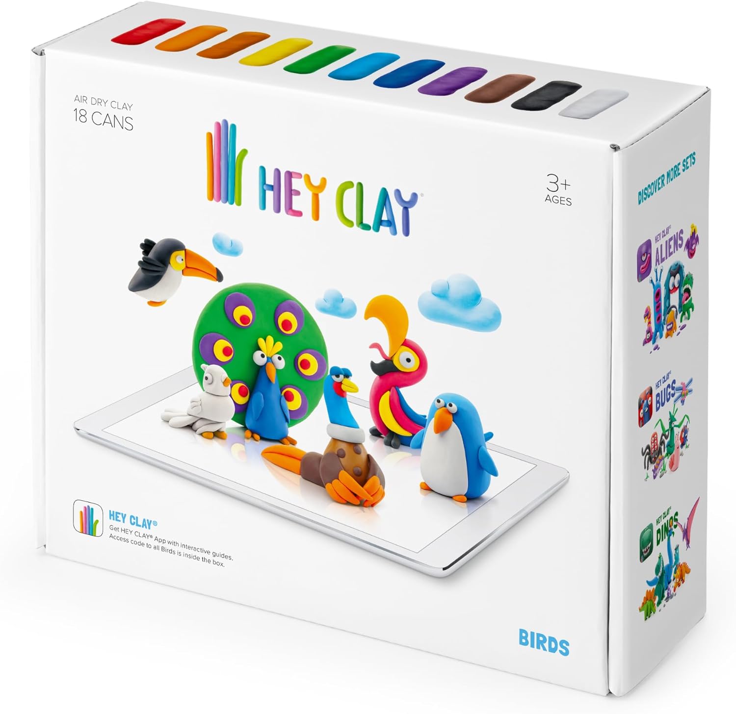 HEY CLAY Birds - Colorful Kids Modeling Air-Dry Clay, 18 Cans with Fun Interactive App