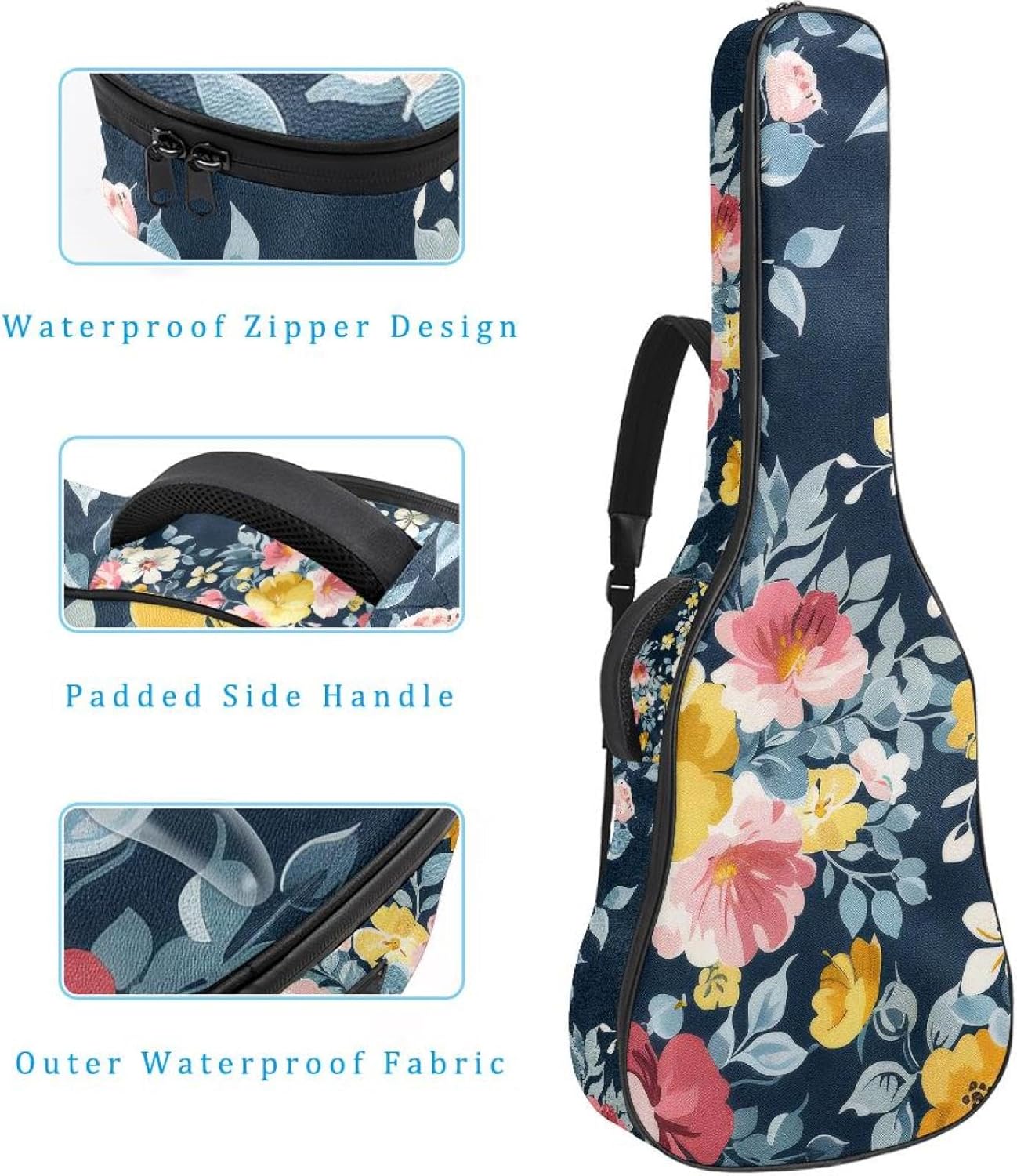 40 41 42 Inch Acoustic Guitar Bag, 0.4 In Thick Sponge Padded Guitar Case Gig Bag with Back Hanger Loop and 2 Pockets, Colorful Blossom