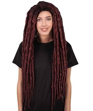 Adult Women Long Dreadlock Wig, Burgundy Dark Roots Halloween Cosplay, Breathable Capless, Flame-Retardant Synthetic Fiber Wig