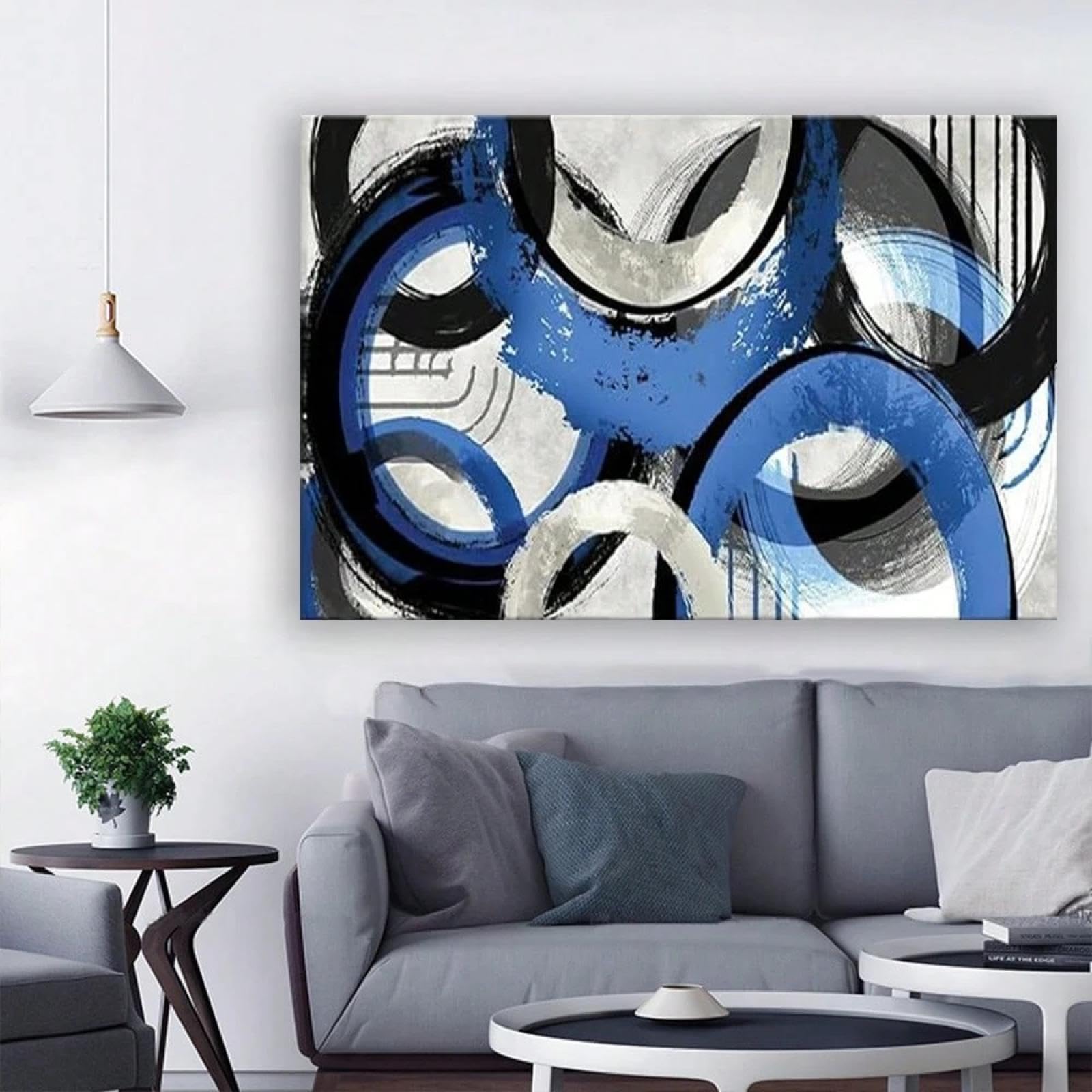 Blue Abstract Large Wall Art Navy Blue Grey Black Circle Pictures Wall Decor Geometric Canvas Prints Artwork Paintings 80x120cm(31x47in) Frameless