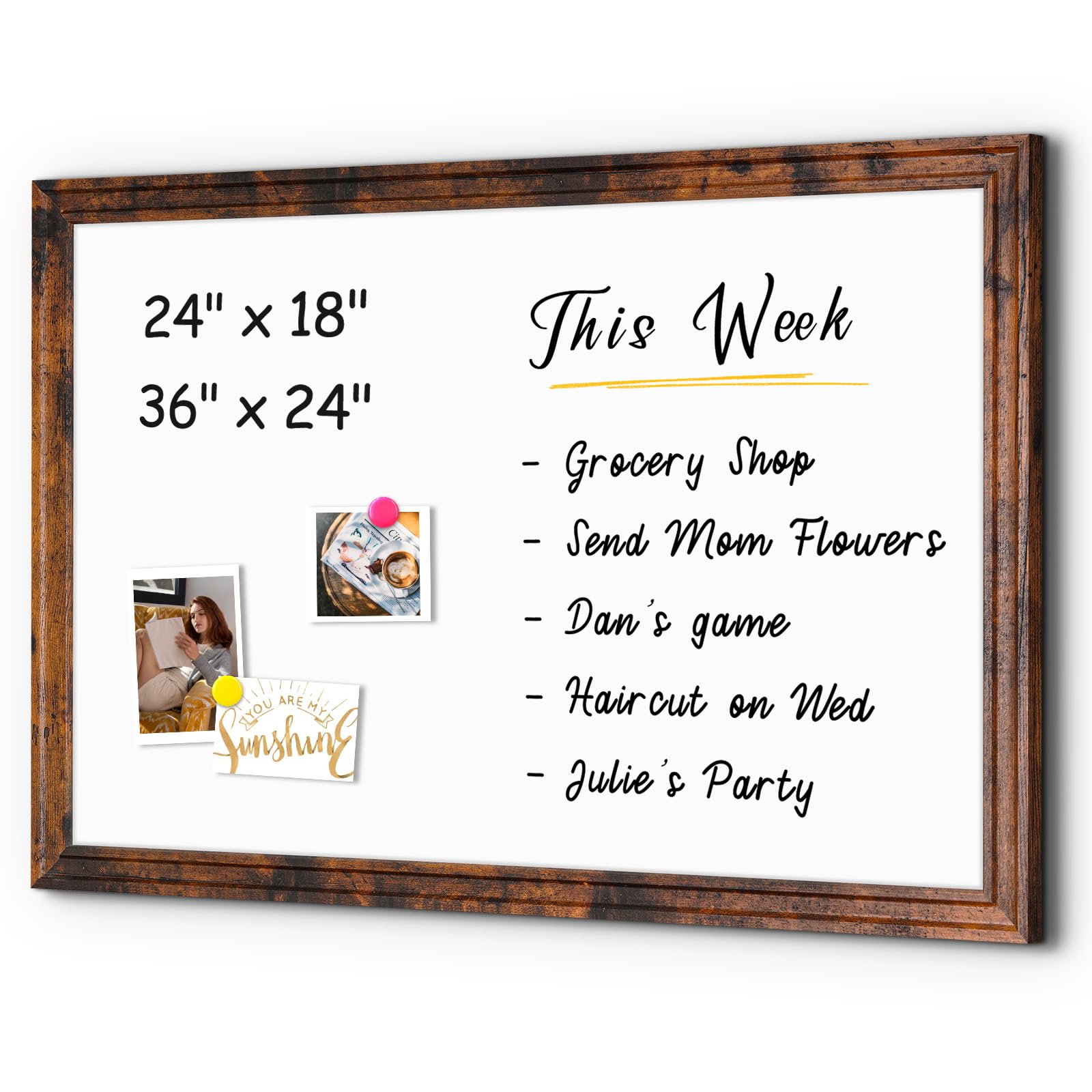 4 THOUGHT Pizarra blanca magnética de 91.4 cm x 61.0 cm, marco de madera vintage, color marrón, para montar en la pared, pizarra blanca decorativa, para escuela, oficina, hogar, 6 imanes, 4
