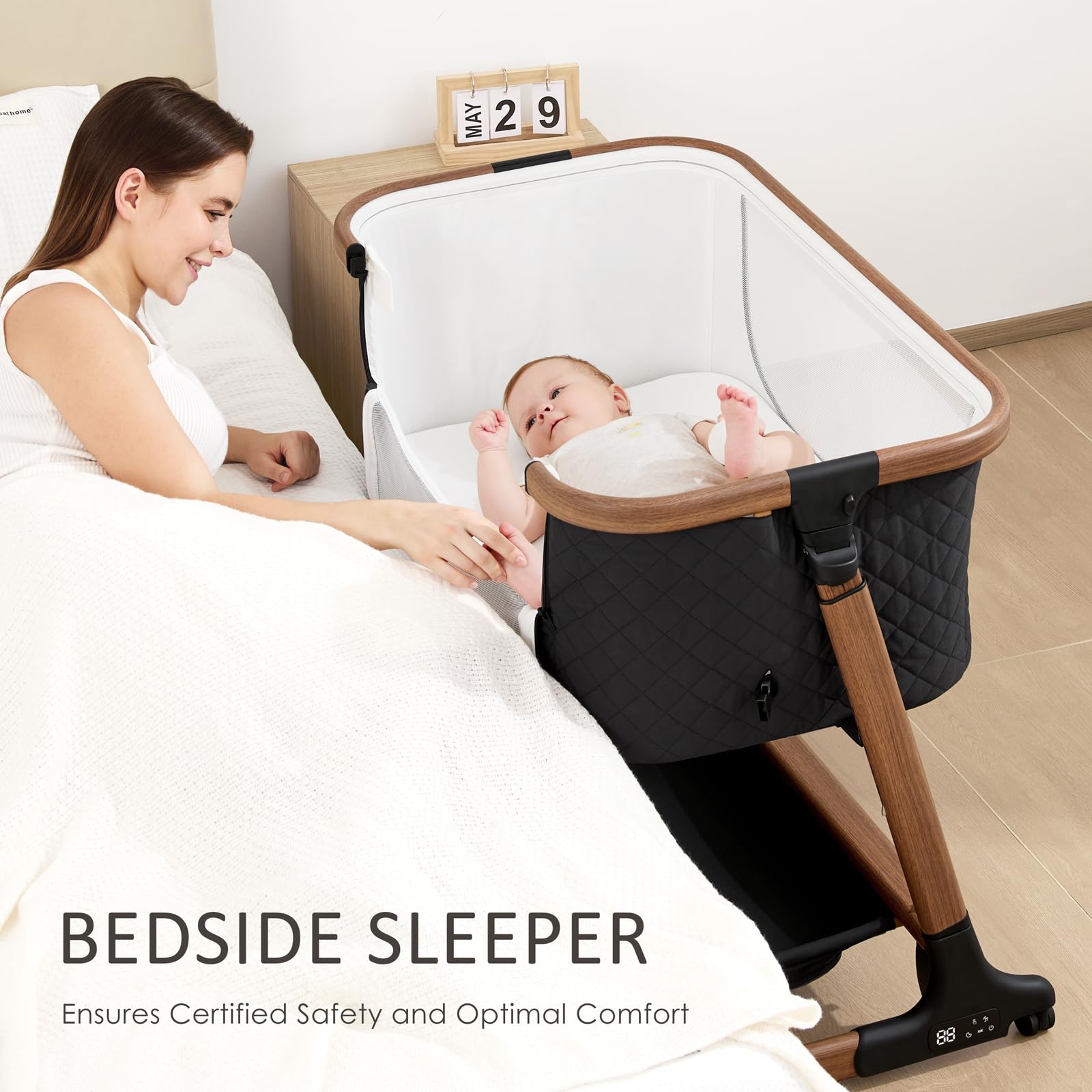 ANGELBLISS Electric Baby Bassinet Bedside Sleeper with Auto Rocking, Remote/Touch Control, 3 Timer Modes, 12 Sounds, 6 Heights, Storage & Wheels (Black) | Breathable Mesh — view 3