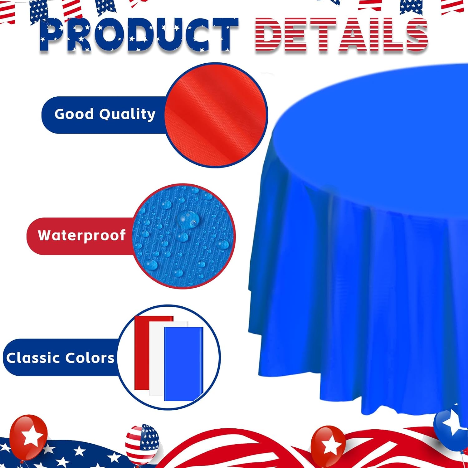 VAIPI 15 Pack Plastic Tablecloths Red White and Blue Decoration Patriotic Disposable Table Cloths 4th of July Round Table Cover for Independence Day Memorial Day Veterans Day, 84 x 84 inch