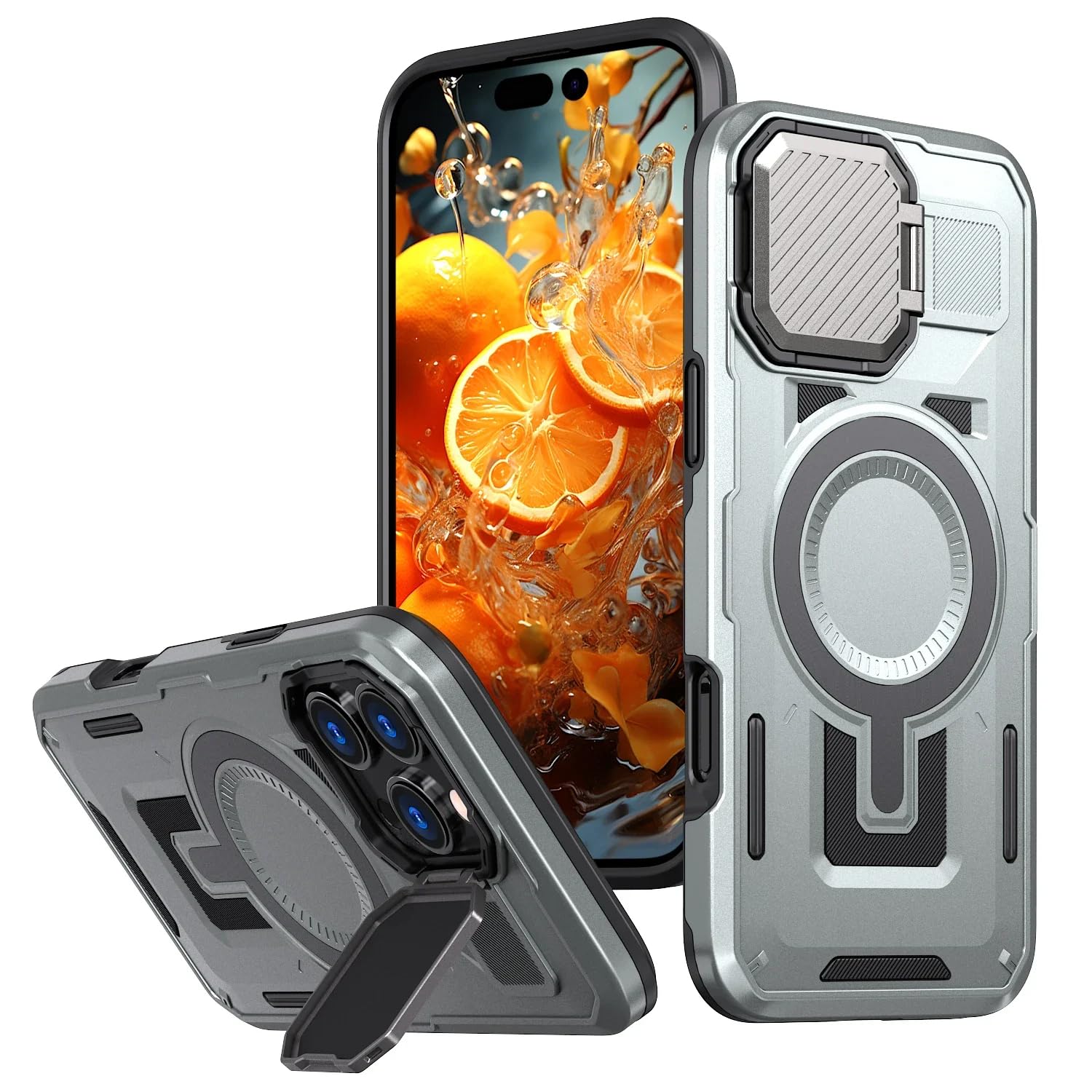 Coque iPhone 16 Pro avec béquille magnétique grise antichoc - 7