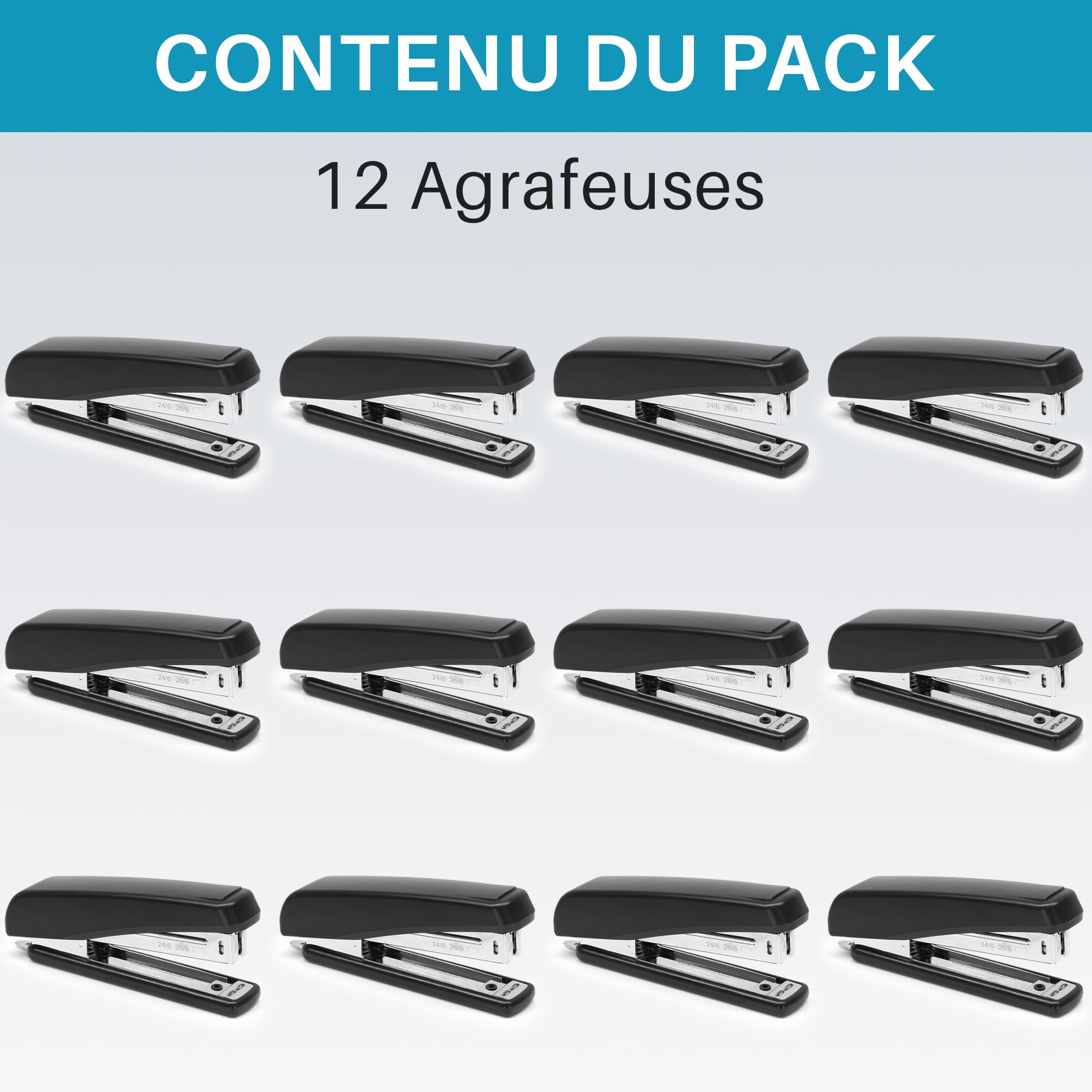 Set di 12 pinzatrici da scrivania per graffette 24/6 e 26/6, capacità 30 fogli, meccanismo 100% metallo, colore: nero