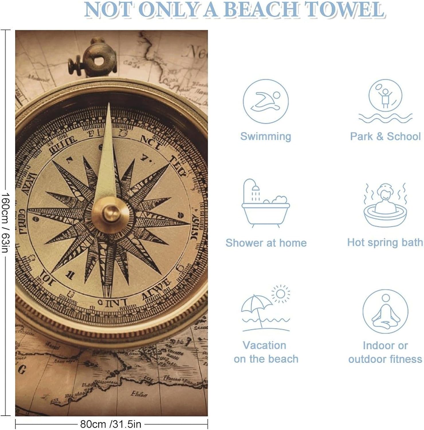 Beach Towel, Compass Navigation Print Large Beach Towel Sports Towel Fitness Towel Portable Beach Towel Vacation Towel