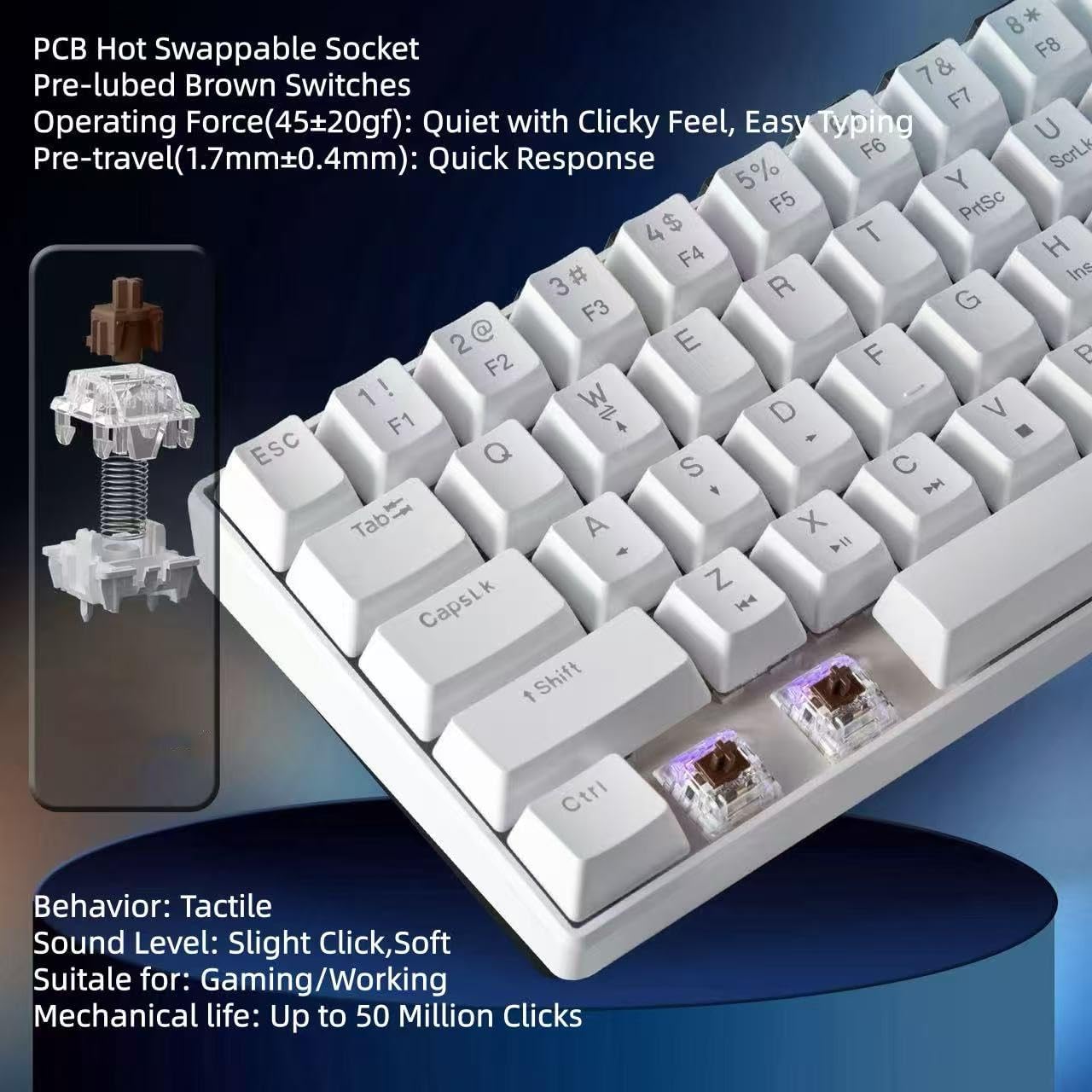 Close-up of brown mechanical switches on the HUO JI CK608 keyboard