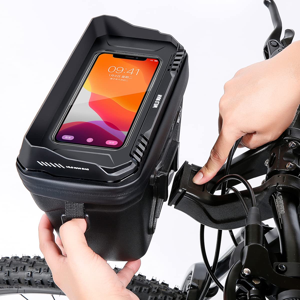 Borsa da manubrio per bicicletta, borsa per il telaio, borsa per il tubo superiore, impermeabile, con scomparto trasparente per smartphone da 6,7"
