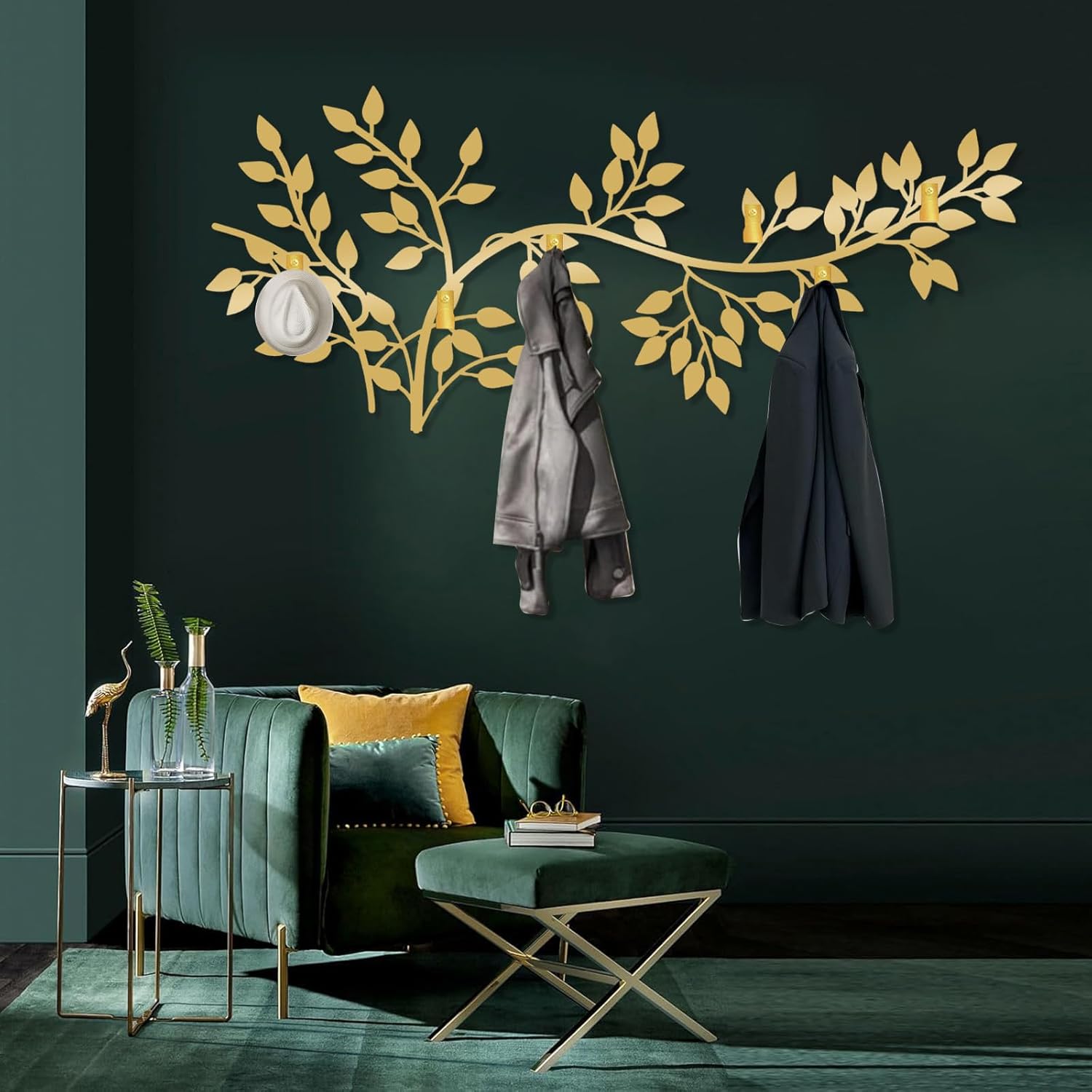 Metal Tree Coat Rack, Tree Branch Wall Mount, Ivy Trees Metal Coat Rack, Bay Leaf Trees Key Hat Clothes Hooks, Nature Wall Mount, Nature Home Decor (Black, 15"x35"|38x90cm)