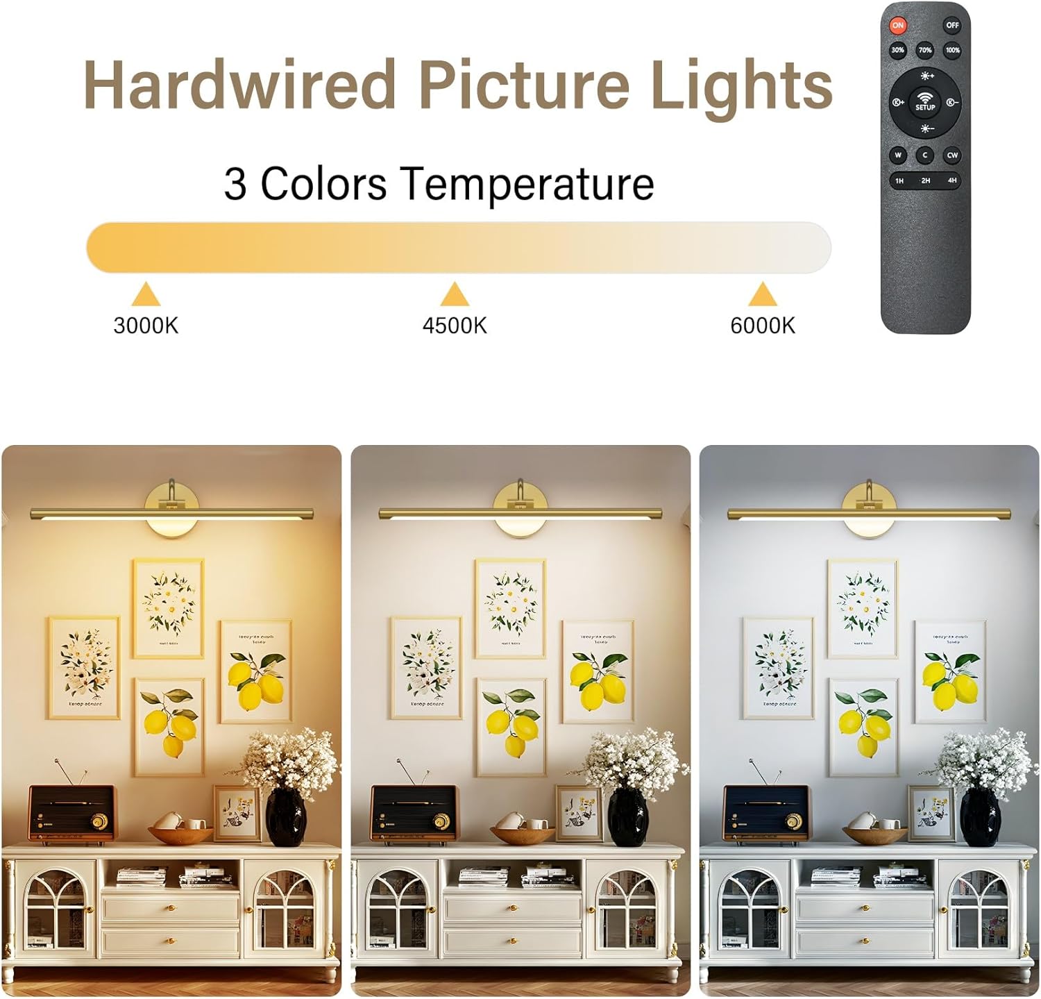 Tipace Hard-Wired LED Picture Lights for Paintings 3CCT Dimmable Long Art Lights for Paintings Gold Gallery Light with Remote Control Artwork Display Lamp(23.6 in)
