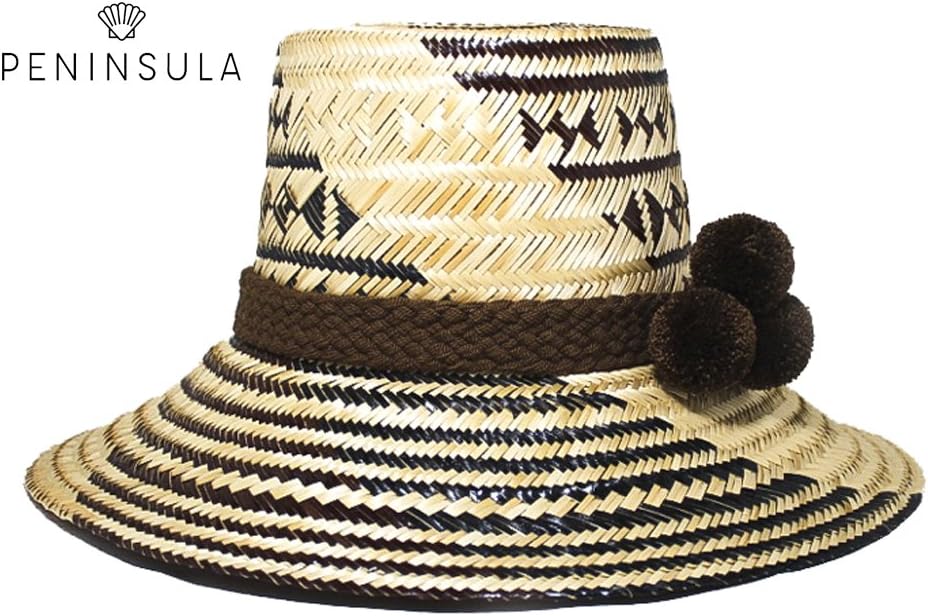 Elegant 100% Iraka Palm Straw Hand-Knitted Wayuu Hand-Made Hat with Brown Patterns & Brown Wool Pompoms (Dark Brown)