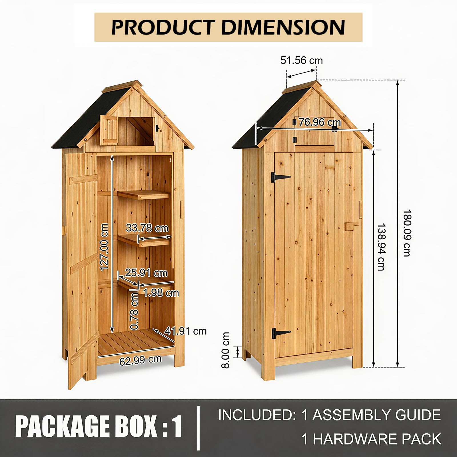 Wooden Garden Shed with Single Door and Slope Roof, Outdoor Storage Shed, Waterproof Utility Wooden Lockers, 77 x 54.3 x 179 cm, Wood Color — view 3