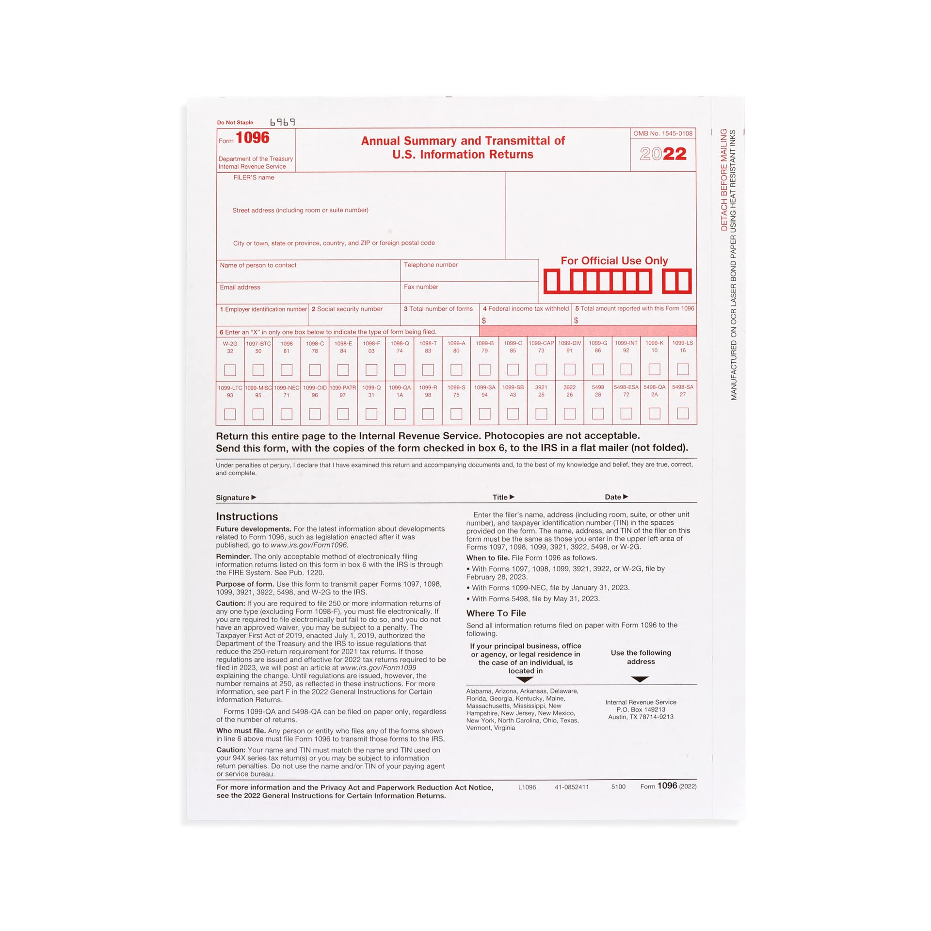 1096 Transmittal 2022 Tax Forms, 25 Pack of 1096 Summary Laser Forms,  Compatible with QuickBooks and Accounting Software : Office Products -  Amazon.com