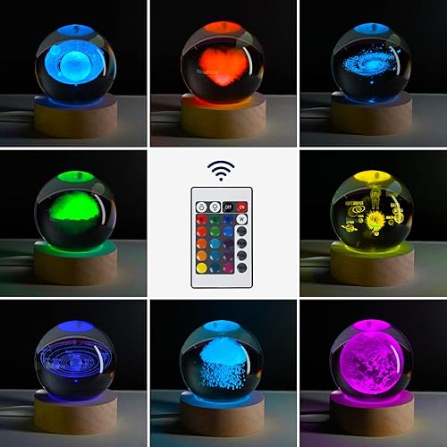Miniatura 9 de Luz nocturna de bola de cristal de Saturno 3D para regalos con base de luz LED colorida, luz que cambia de color con control remoto como regalo de