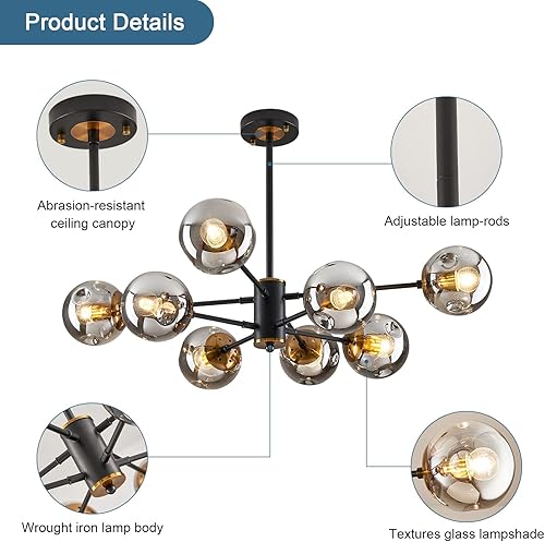 Miniatura 3 de DDLLDESHI Sputnik - Candelabro negro de 8 luces con globo de cristal negro y dorado, luces colgantes de burbujas para granja, cocina, comedor, sala