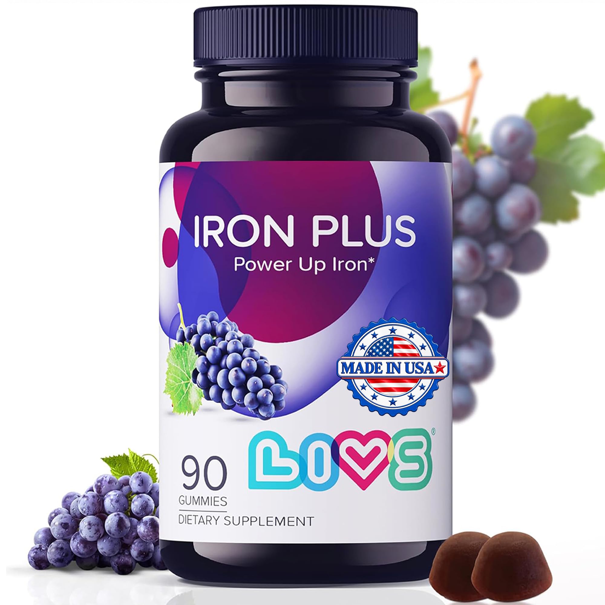 LIVS Nutrition Iron Plus Gummies – 20mg Gentle Iron Supplement for Women & Men – Anemia Support – Vitamin C for Absorption – Biotin, Folate & B12 for Energy – Gluten Free, Vegan – 90 Count Adults - Iron Plus 90 Count (Pack of 1)