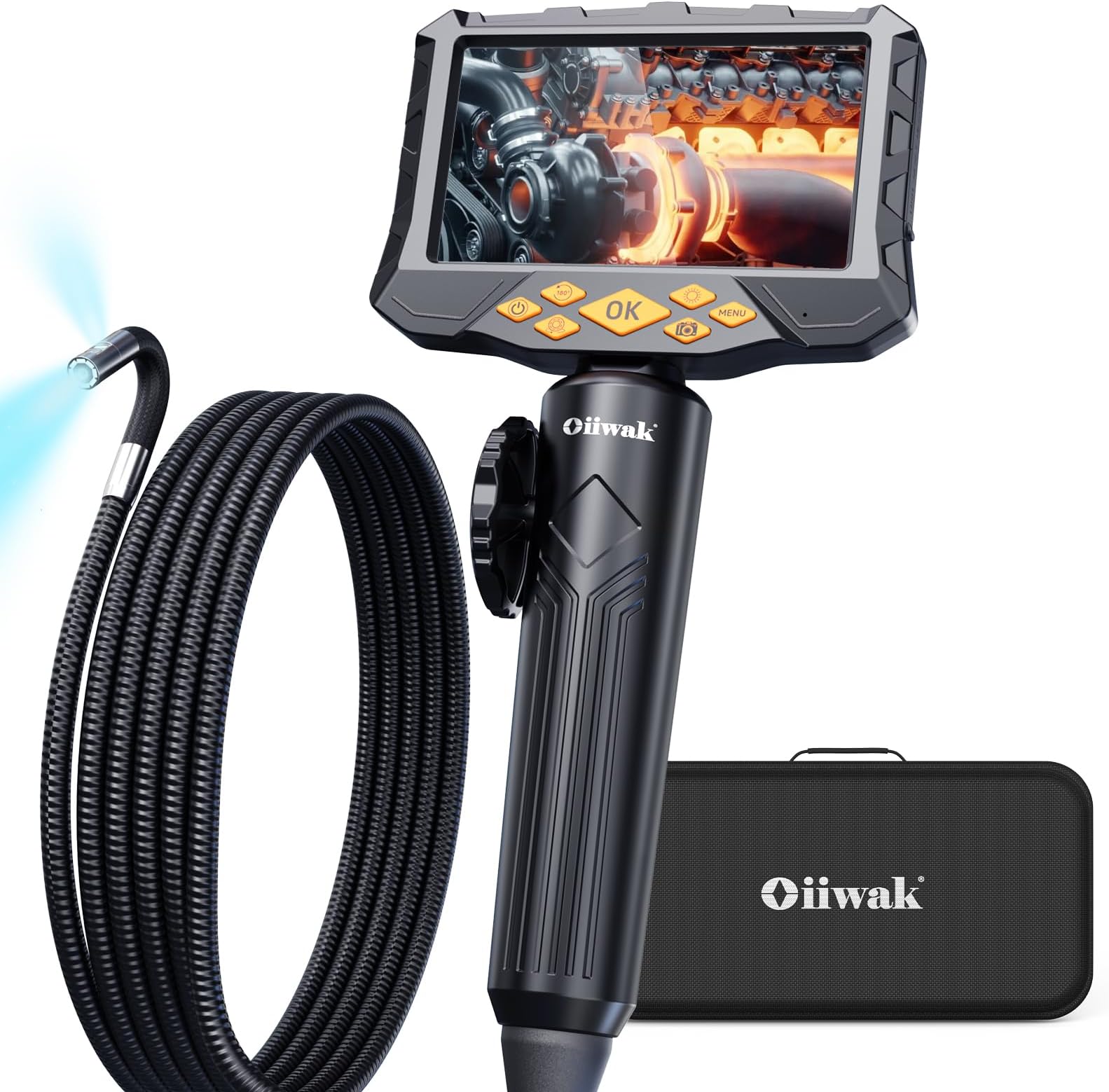 Oiiwak 5'' Screen Two-Way Articulating Borescope, Dual Lens Industrial Inspection Camera Scope with Semi-Rigid Snake Camera, Endoscope Camera with Light for Automotive Mechanics Plumbers 3ft