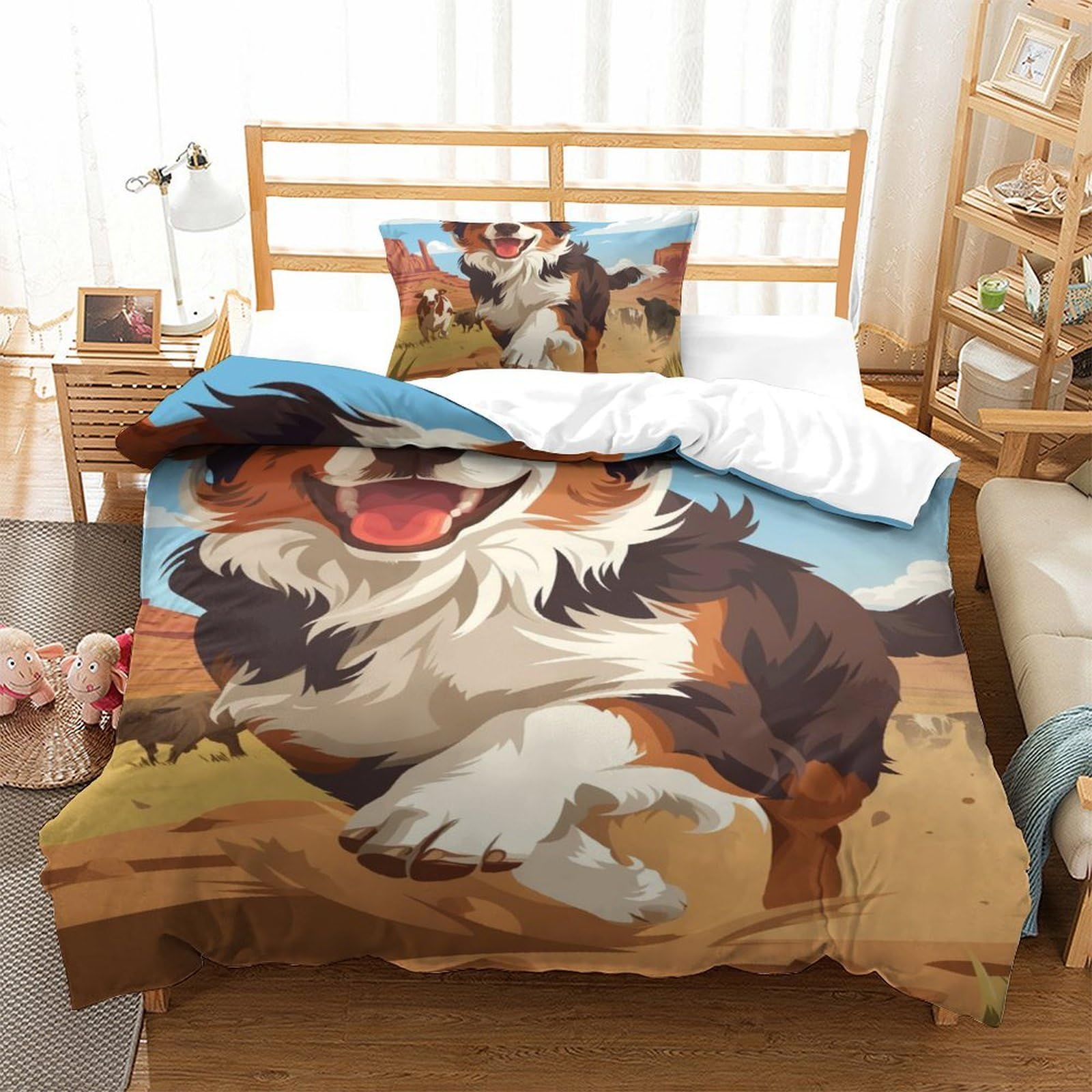 Housse de couette Border Collie 135x200cm en microfibre avec 2 taies d'oreiller