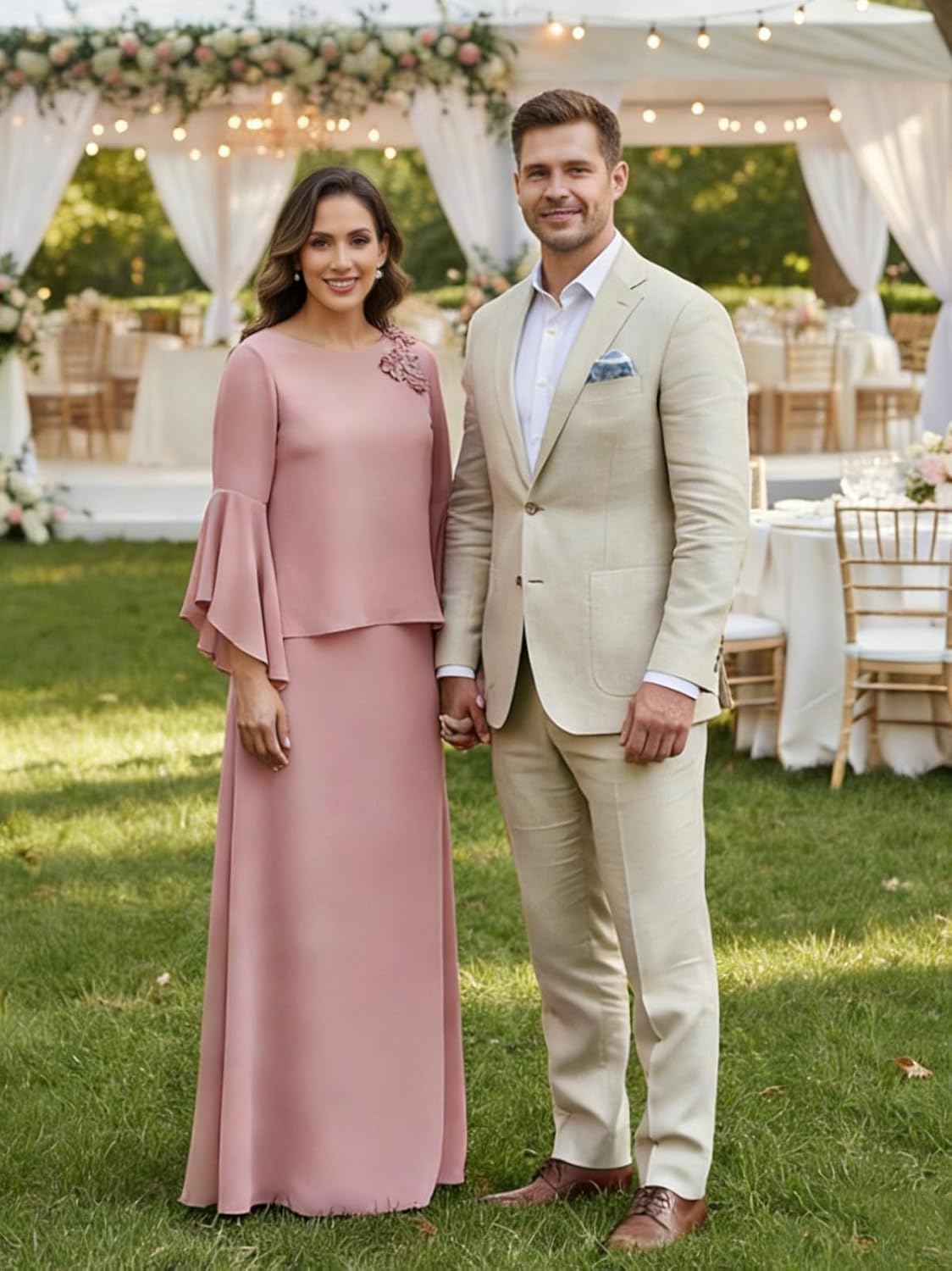 2 Piece Mother of The Bride Dresses with Long Sleeves Crew Neck Long A Line Applique Chiffon Formal Evening Gown - Image 5