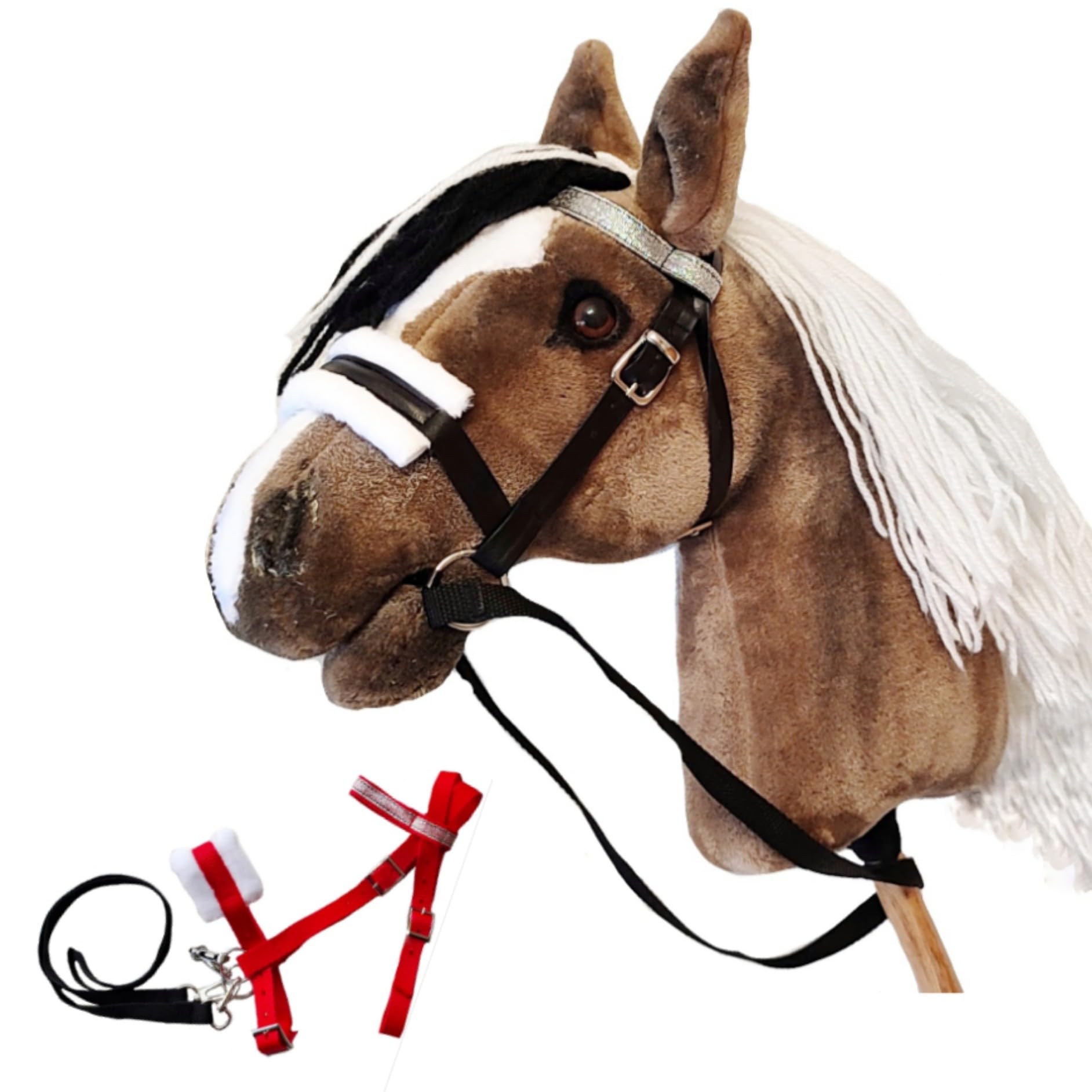Set Hobby Horse Pferd Braun mit zusätzlichem roten Zaumzeug - Steckenpferd A3 mid Abnehmbare Trense