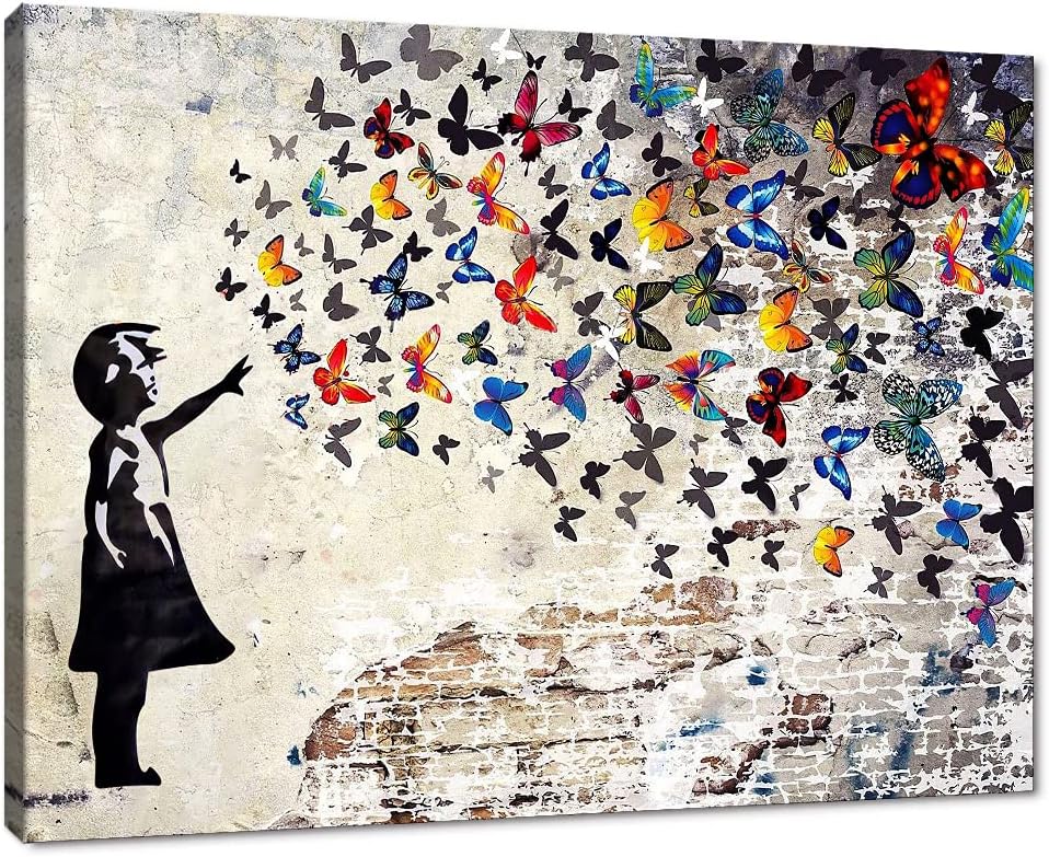 Graffiti Street Wall Art Banksy Painting Artwork Framed Girl with Butterfly Wall Decor Canvas Prints Street Art Picture for Kid Room Bedroom Ready to Hang 18" Wx24 H